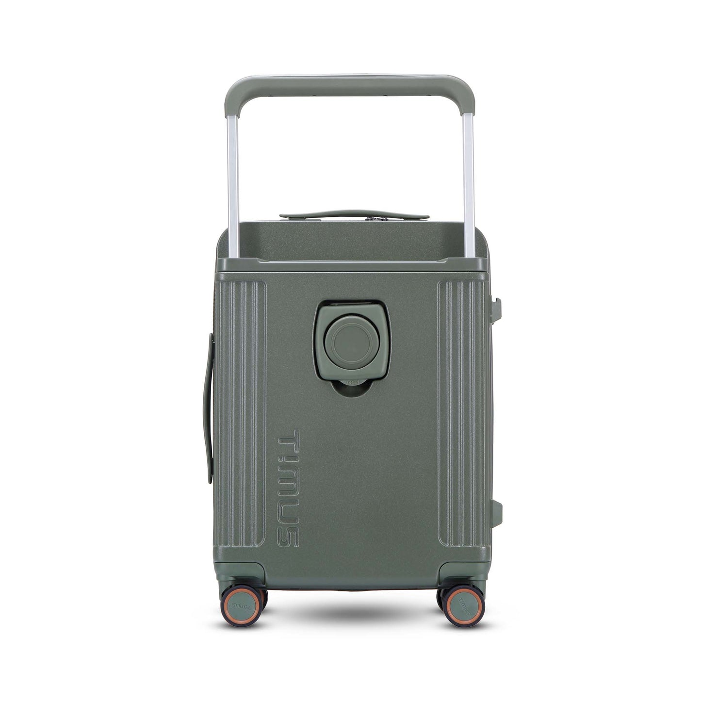 Back view of Timus Starlite olive green cabin luggage featuring integrated bottle holder, spinner wheels, and sturdy handle – perfect hard trolley for smart travel.