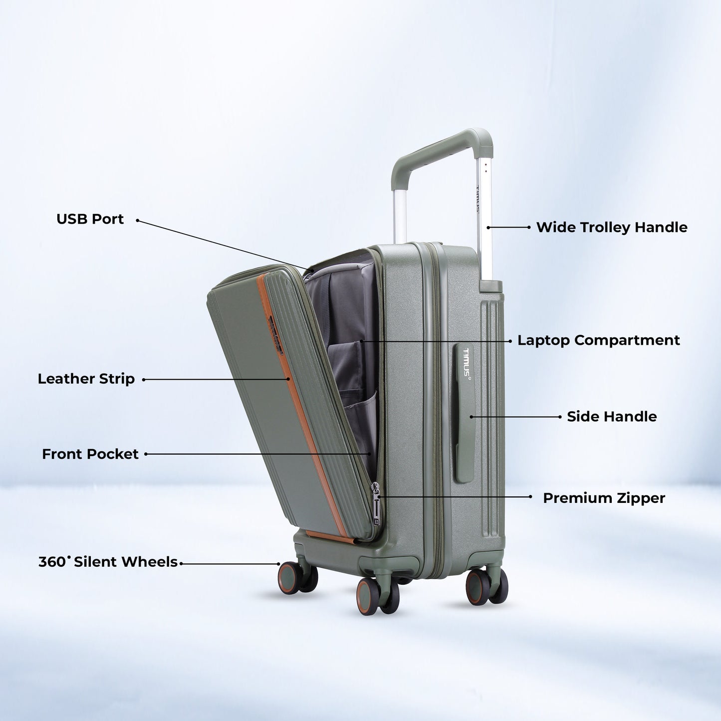 Timus Starlite olive green cabin trolley showing key features including USB port, laptop compartment, 360° silent wheels, leather strip, wide trolley handle, and front pocket.