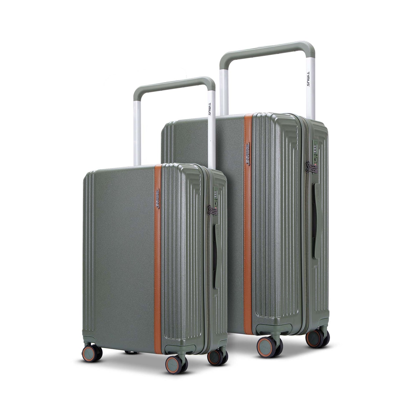 Starlite olive green 2-piece luggage set with 68cm medium and 78cm large check-in luggage, both featuring wide trolley handles, leather accent strip, and 360° spinner wheels.