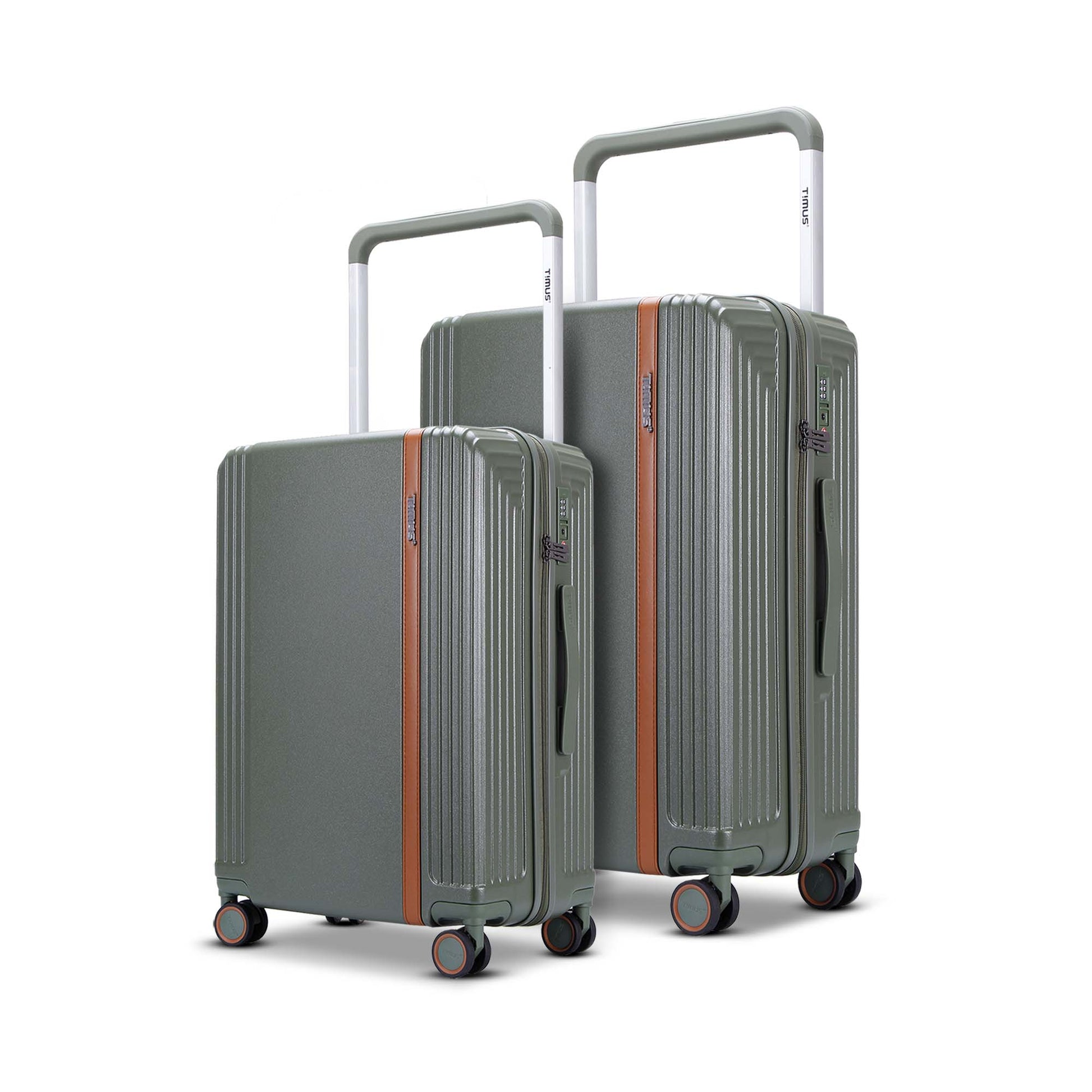 Starlite olive green 2-piece luggage set with 68cm medium and 78cm large check-in luggage, both featuring wide trolley handles, leather accent strip, and 360° spinner wheels.