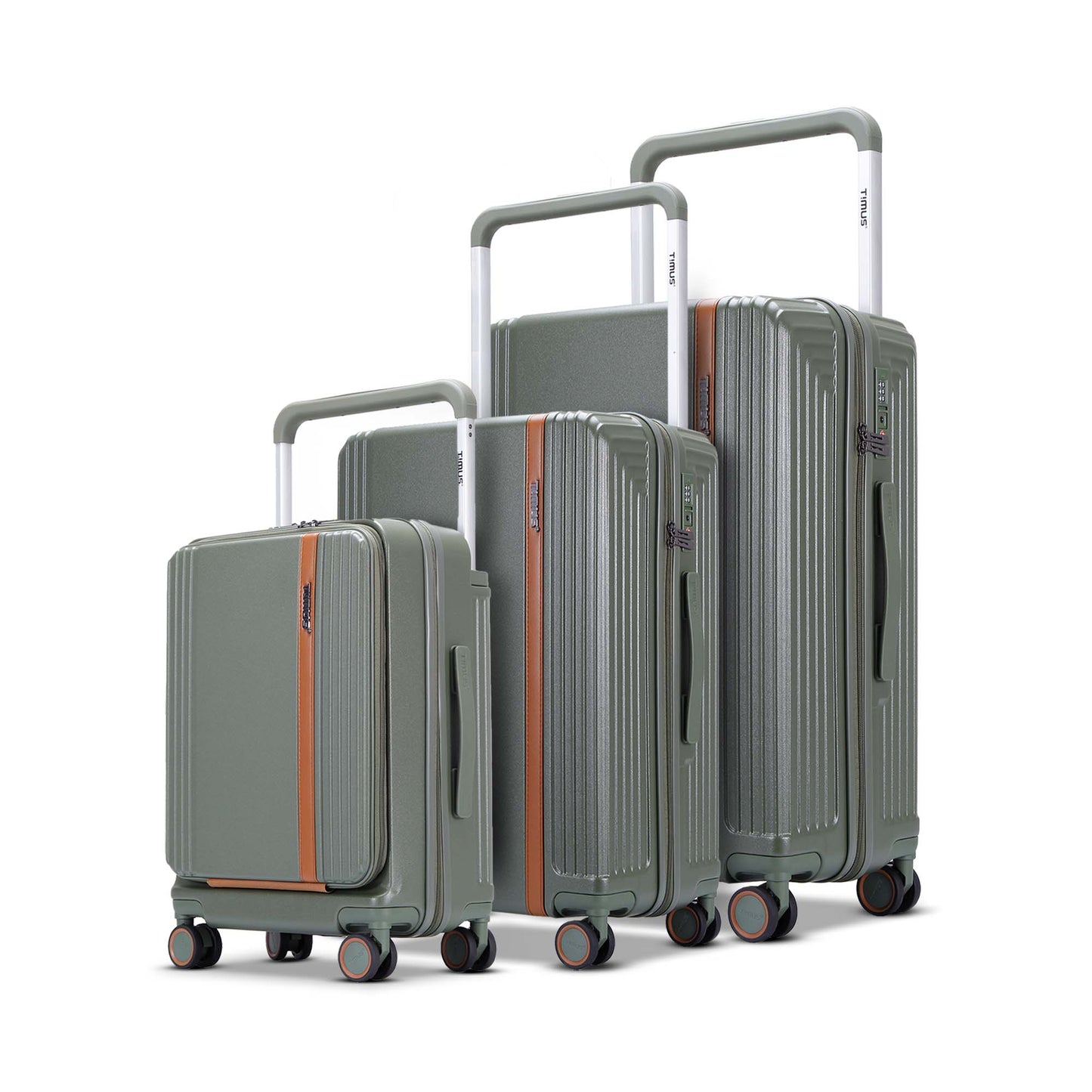 Starlite olive green 3-piece trolley luggage set with 58cm cabin-size luggage featuring a front laptop compartment, plus 68cm medium and 78cm large check-in sizes