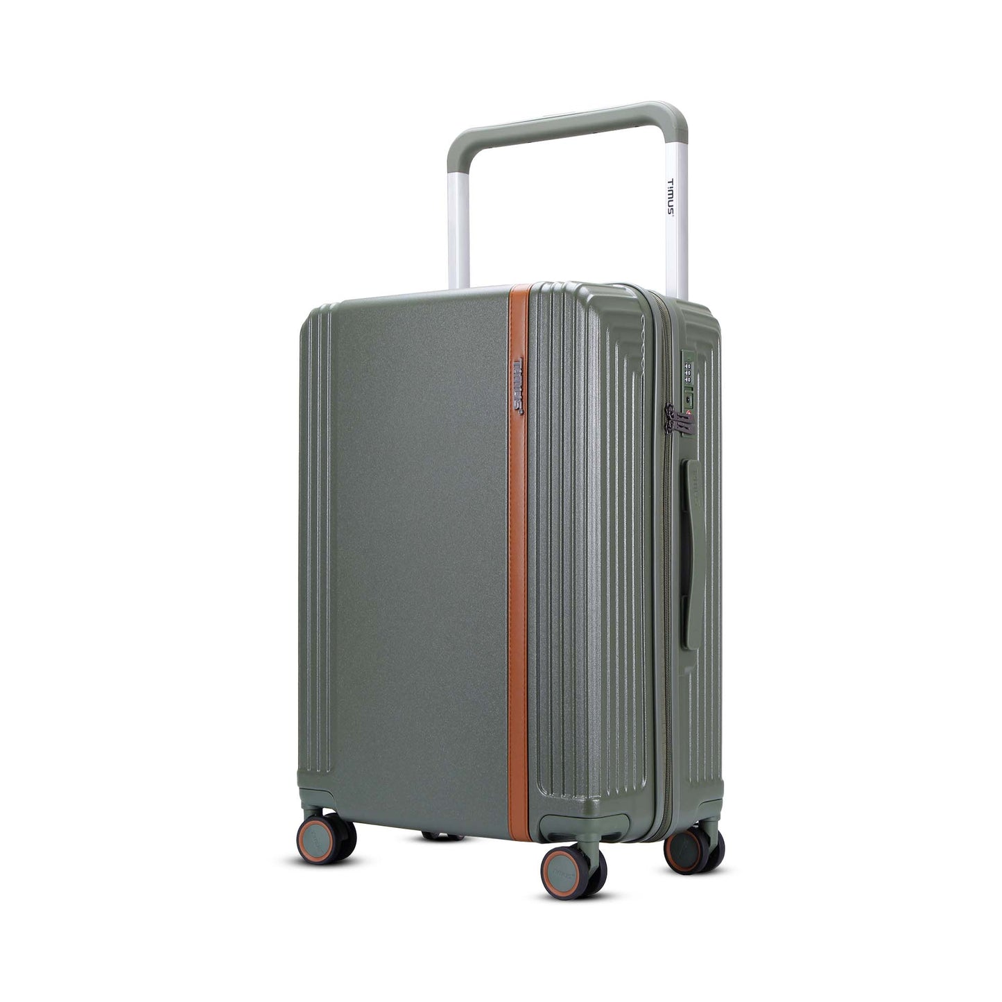 Left angled view of Timus Starlite 78 cm olive green large check-in luggage with TSA lock, side handle, and durable double spinner wheels for smooth travel.