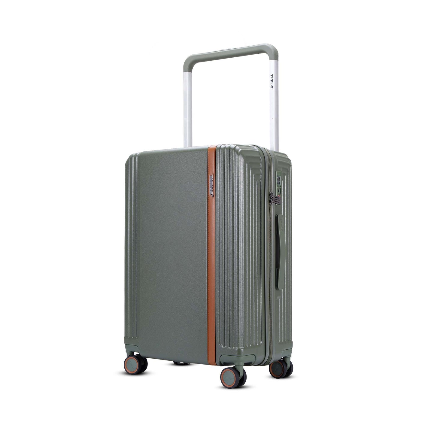 Left angled view of Timus Starlite 68 cm olive green medium check-in luggage showcasing TSA lock, side handle, and 360° double spinner wheels for easy mobility.