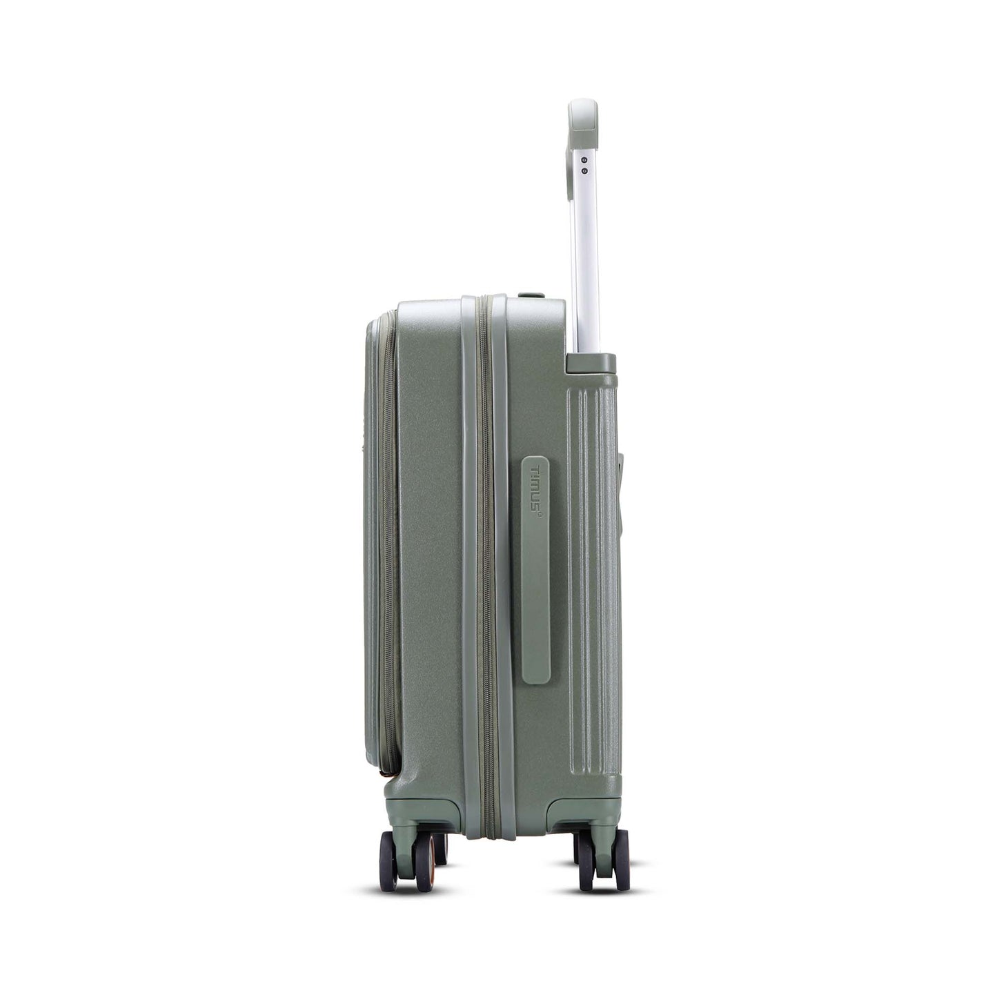 Left-side view of Timus Starlite olive green cabin luggage featuring a sturdy side handle, smooth hard shell, and extended telescopic handle.
