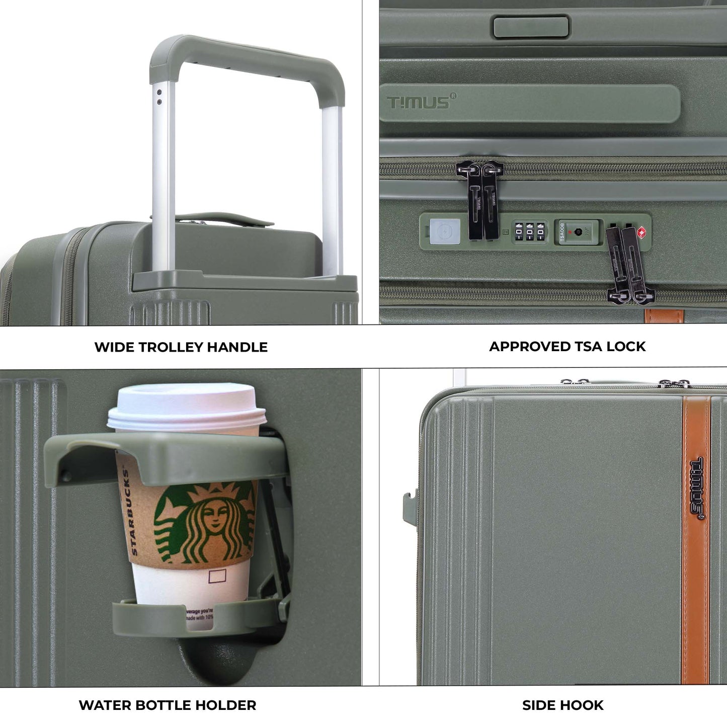 Collage of Timus Starlite olive green luggage highlighting wide trolley handle, TSA-approved lock, bottle holder, and convenient side hook.