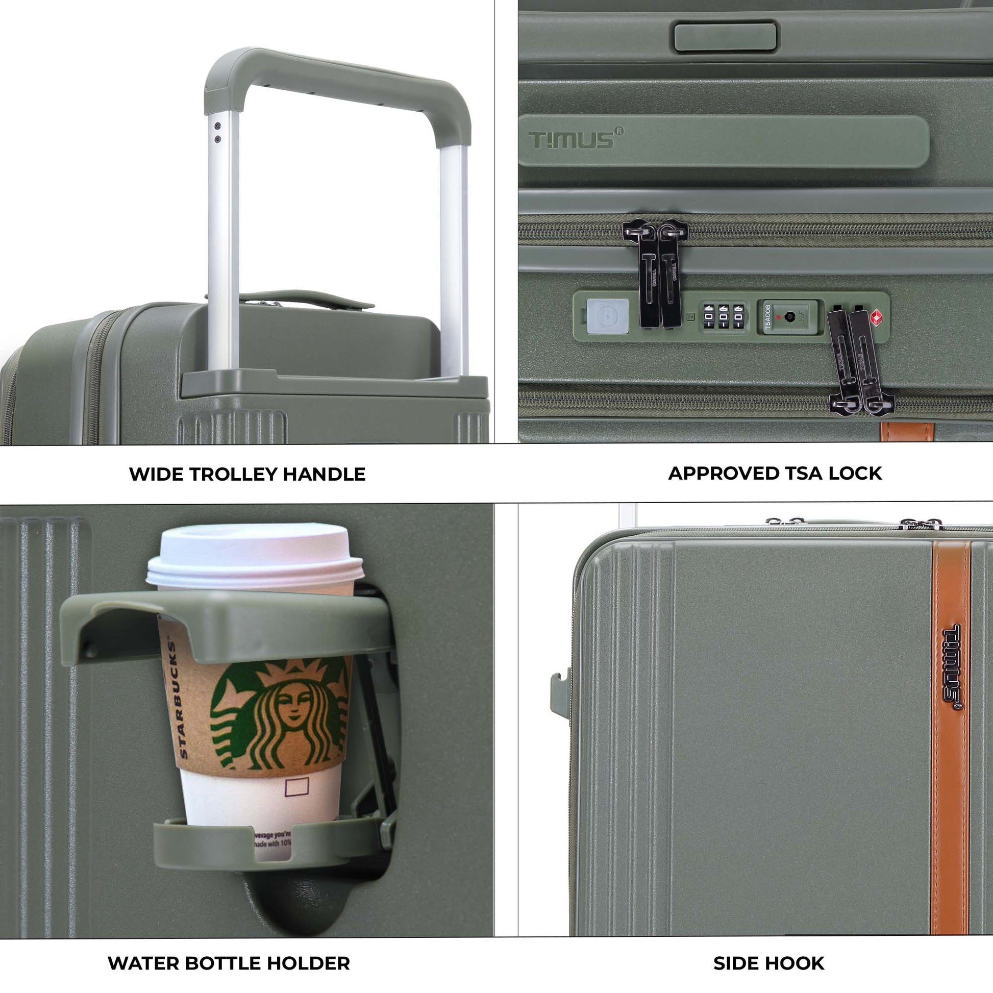 Collage of Timus Starlite olive green luggage highlighting wide trolley handle, TSA-approved lock, bottle holder, and convenient side hook.