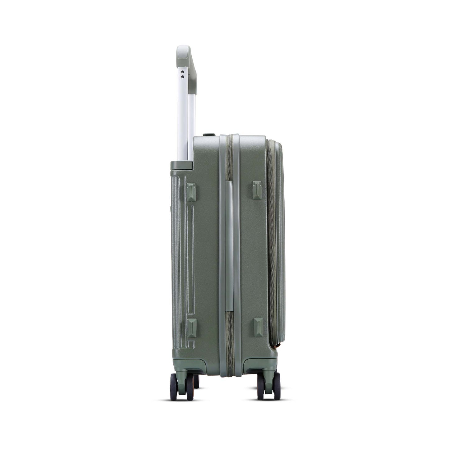 Right side view of Timus Starlite olive green cabin trolley featuring double spinner wheels, sturdy telescopic handle, and protective side bumpers.