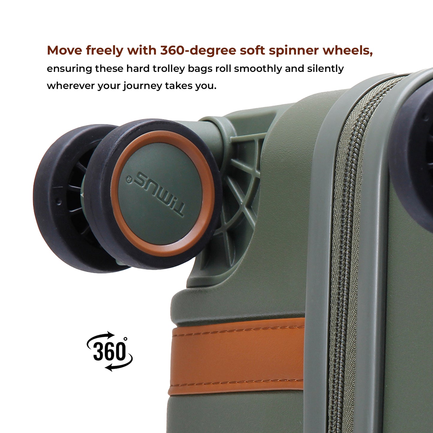 Close-up of 360-degree smooth spinner wheels on Timus Starlite olive green luggage for effortless rolling and stability.