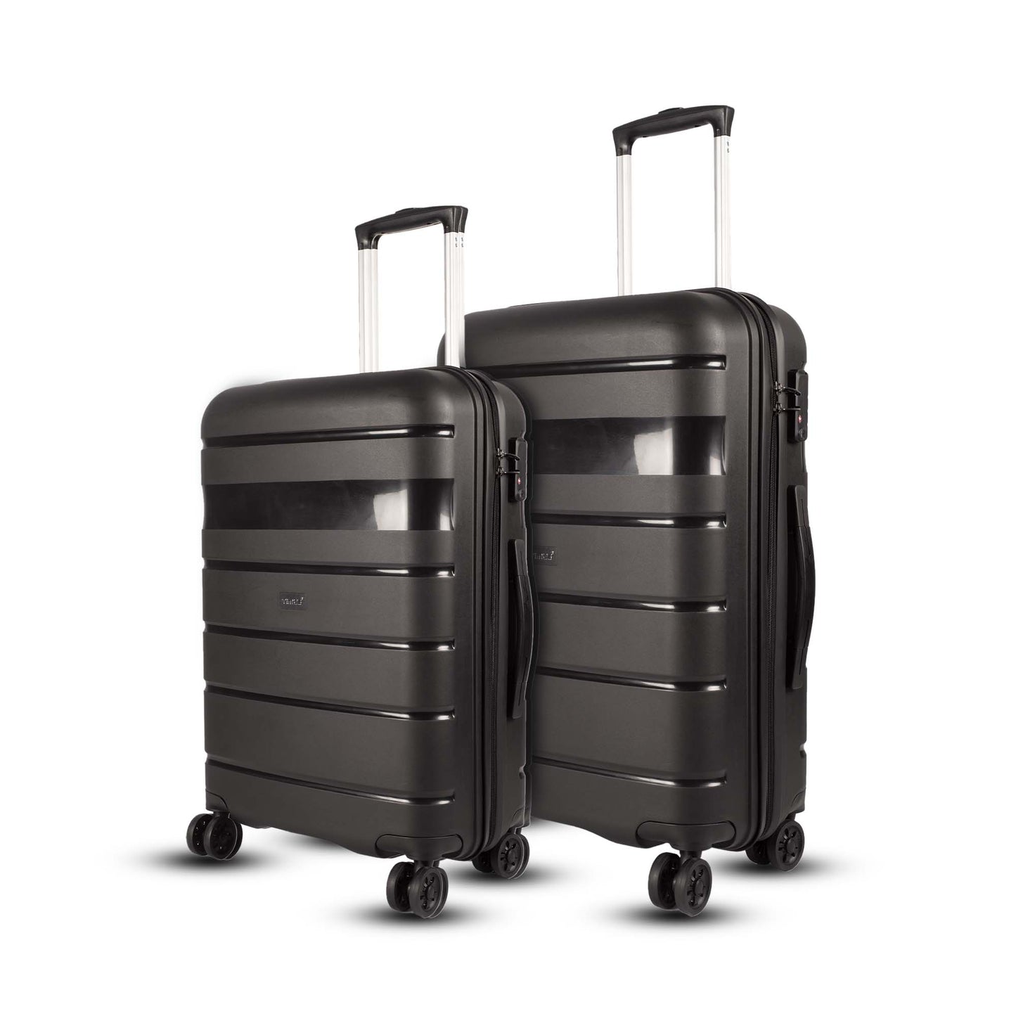 Timus Sunlite hard trolley combo set in black featuring 68 cm and 78 cm sizes with spinner wheels and sturdy handles.
