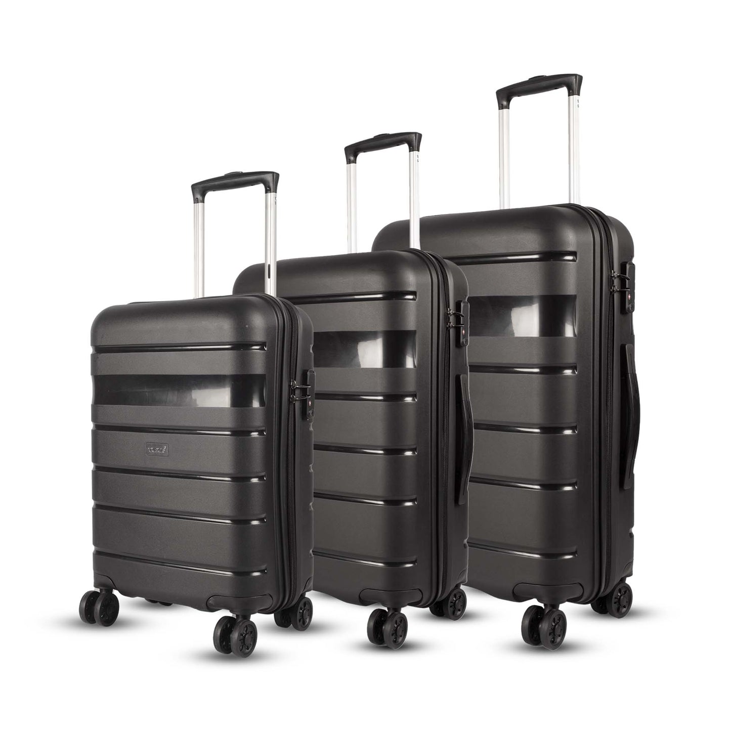 A set of three Sunlite hard luggage suitcases in black color, featuring eight wheels and a trolley handle.