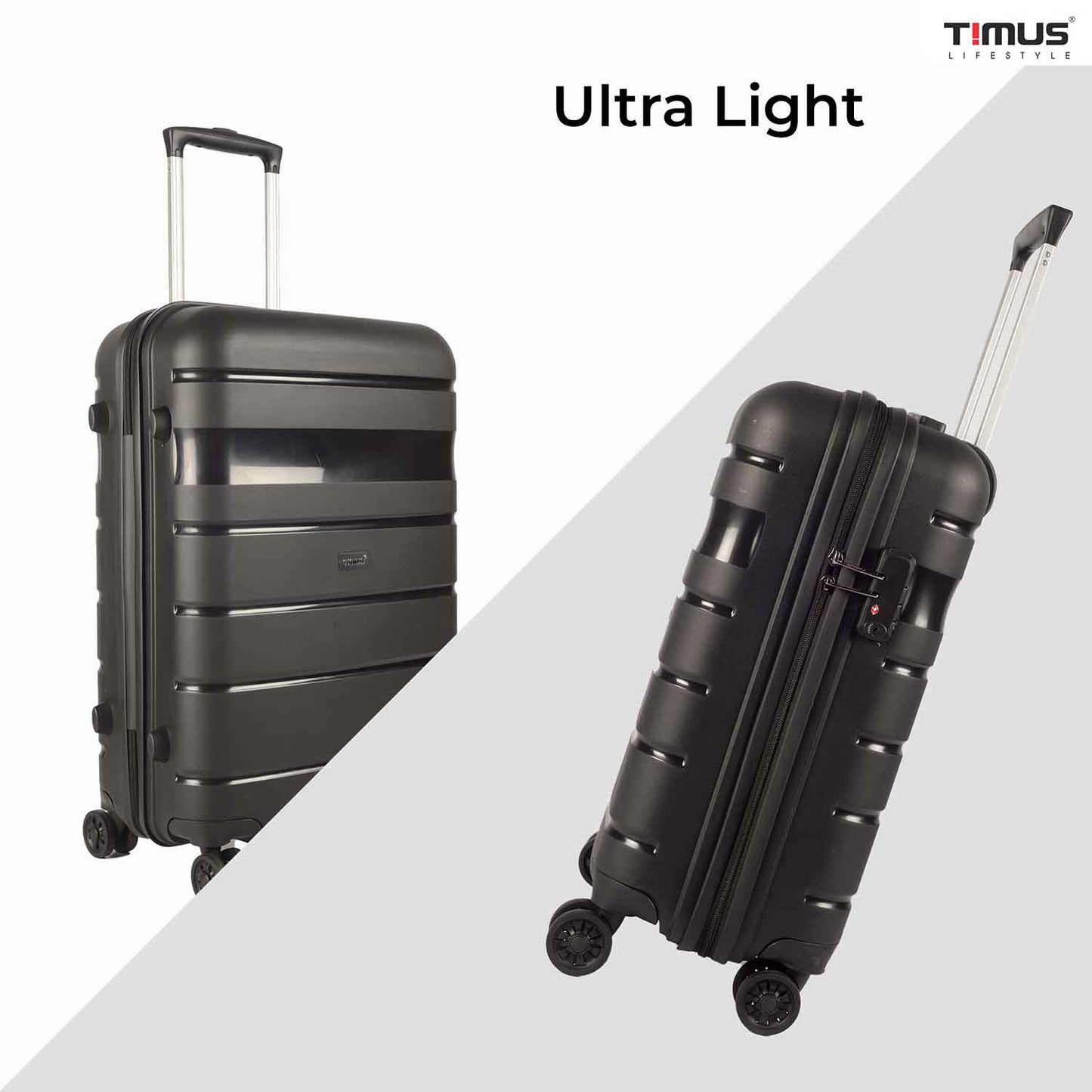 Front and side view of Timus Sunlite black trolley bag highlighting its ultra-light design, TSA-approved lock, double wheels, and durable hard shell.