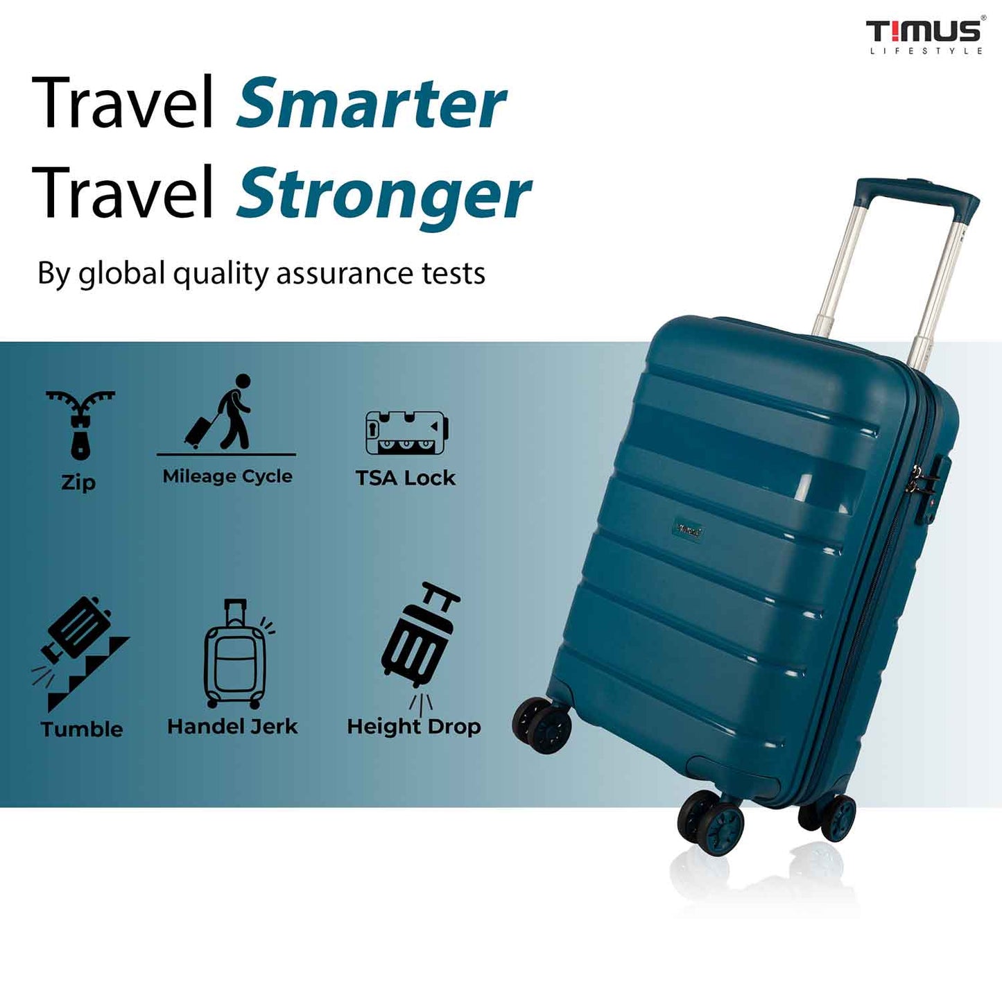 Timus Sunlite blue trolley bag highlighted with durability features like TSA lock, mileage cycle, handle jerk, and global quality tests.