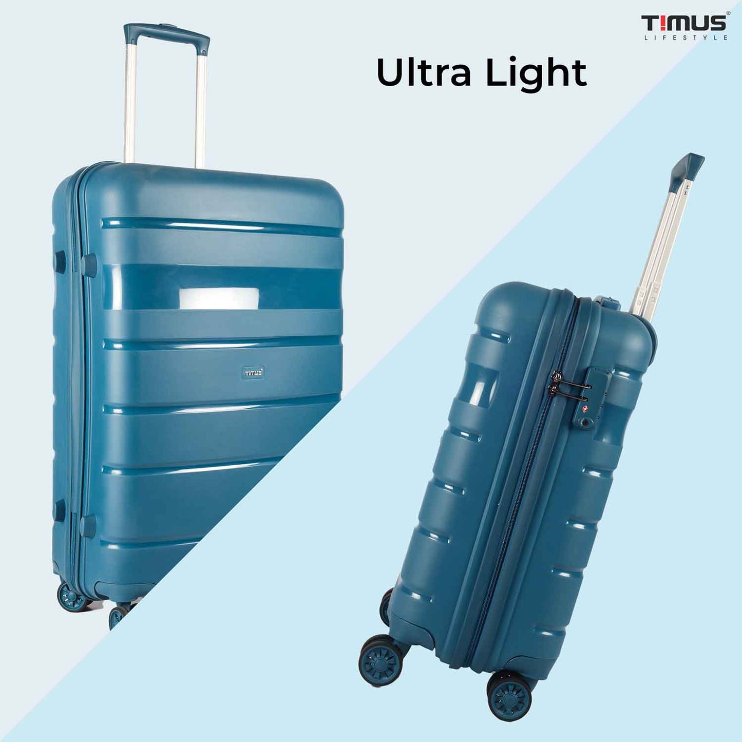 Front and side view of Timus Sunlite blue hard trolley bag featuring a sleek hard shell, smooth spinner wheels, and a durable telescopic handle.