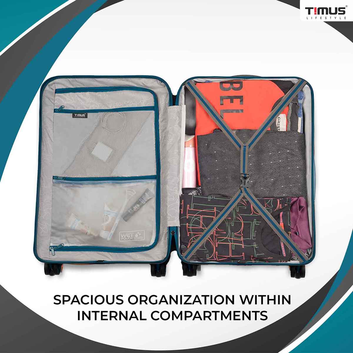 Blue Sunlite hard luggage open view showing neatly packed clothes secured with closed flexible straps, with side wet and dry pouches fully filled for smart packing.