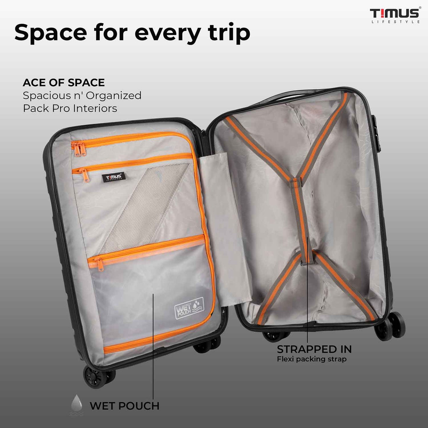Open view of Sunlite hard luggage showing spacious interior with organized compartments, dry pouches, flexible packing straps.