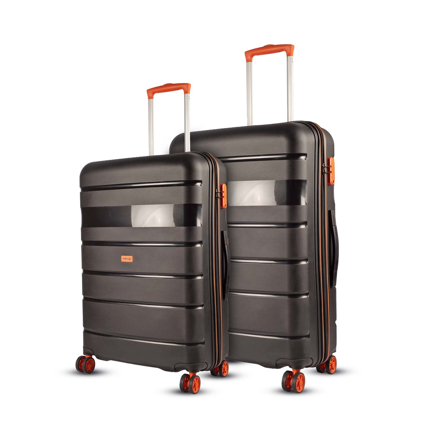Timus Sunlite orange-black 68 cm and 78 cm combo trolley bags featuring dual-tone design, push-button handle, and 360° wheels.
