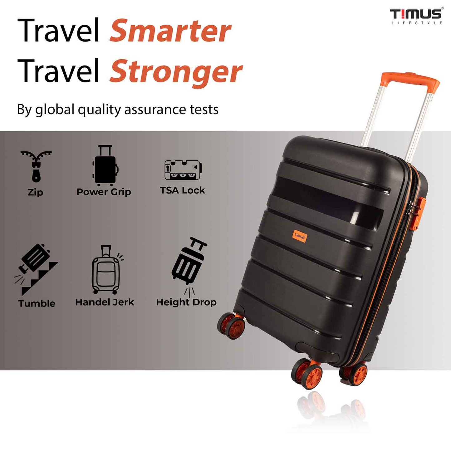 Timus Sunlite orange and black luggage displayed with international testing standards like mileage cycle, TSA lock, and tumble test.