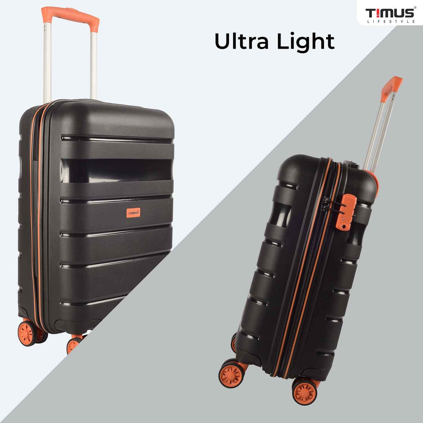 Front and side view of Timus Sunlite orange black trolley bag highlighting its ultra-light design, TSA-approved lock, dual-tone wheels, and durable hard shell.