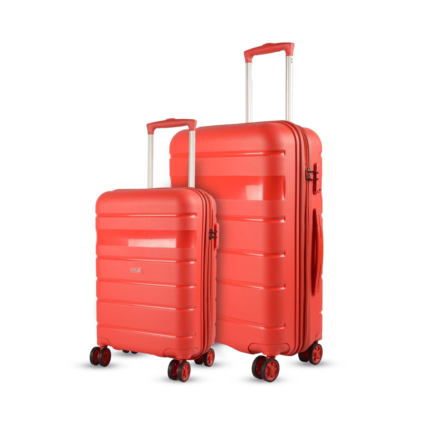 Red Timus Sunlite hard luggage combo with 58 cm and 78 cm trolleys, offering TSA-approved locks, 360° wheels, and ergonomic handles.
