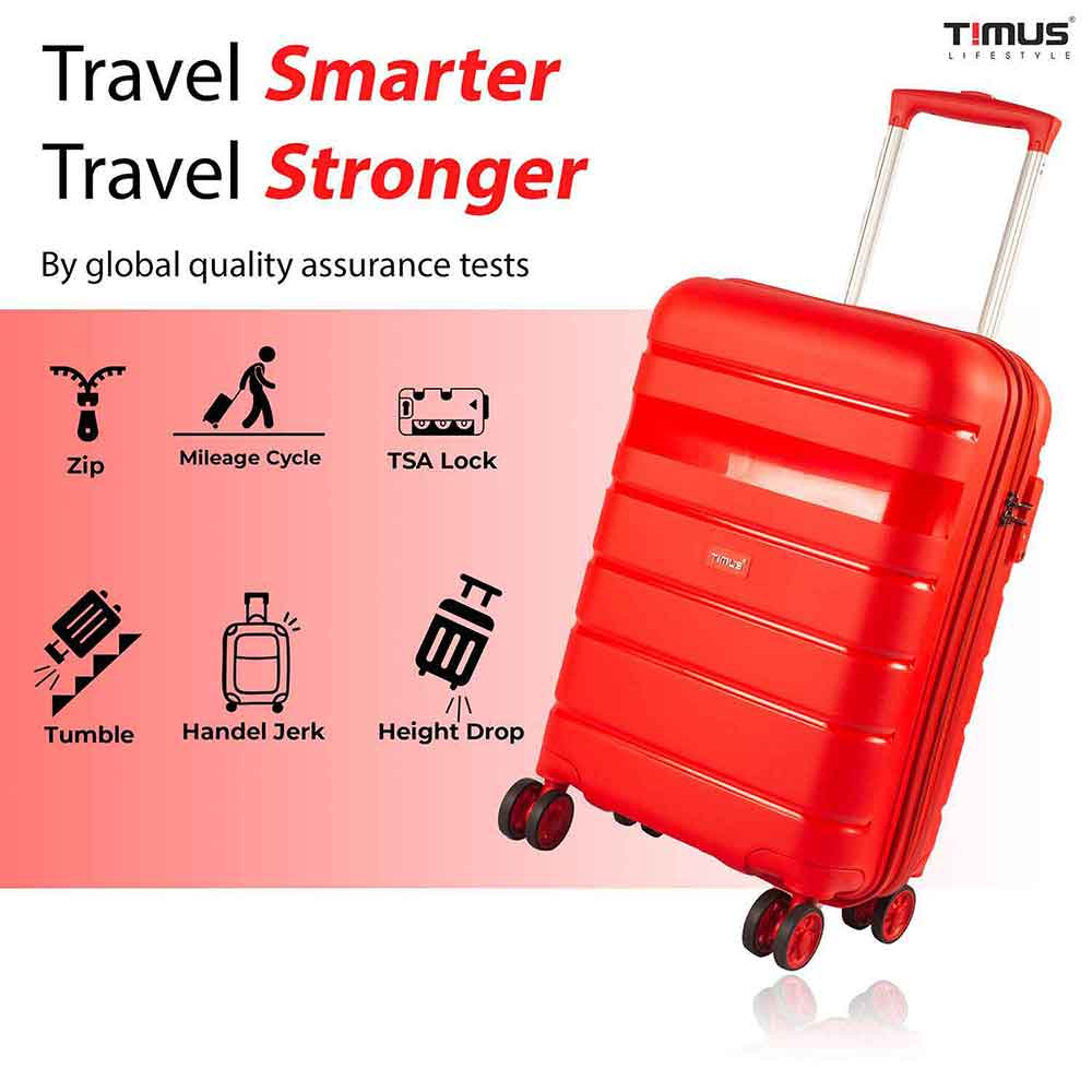 Red Timus Sunlite trolley highlighting durability tests including handle jerk, height drop, and TSA lock certification.