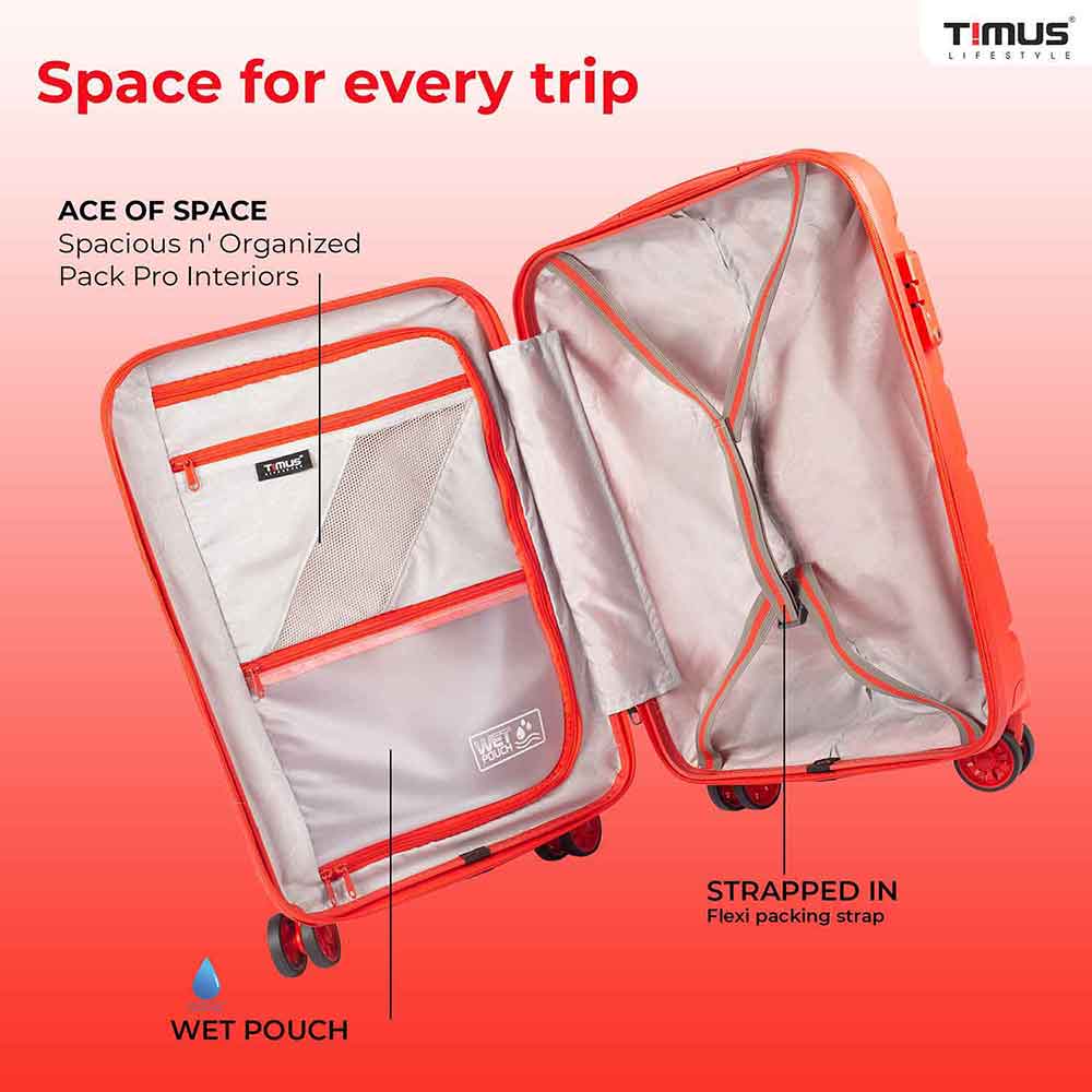 Open view of red Sunlite hard luggage showing spacious empty interior with flexible packing straps, wet and dry pouches, and organized compartments for efficient storage