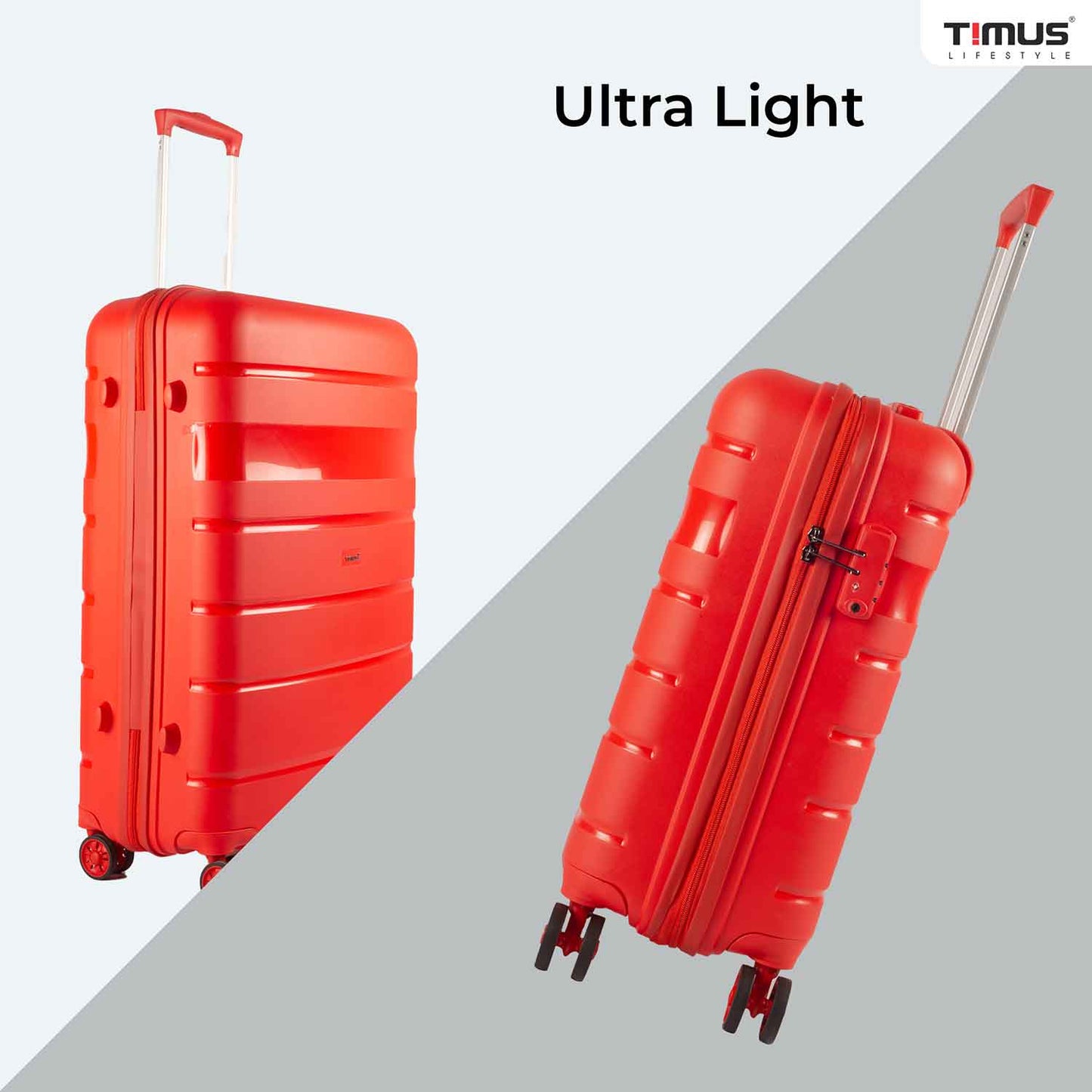 Front and side view of Timus Sunlite red colour hard trolley, featuring an ultra-light design, sturdy telescopic handle, and dual spinner wheels for smooth mobility.