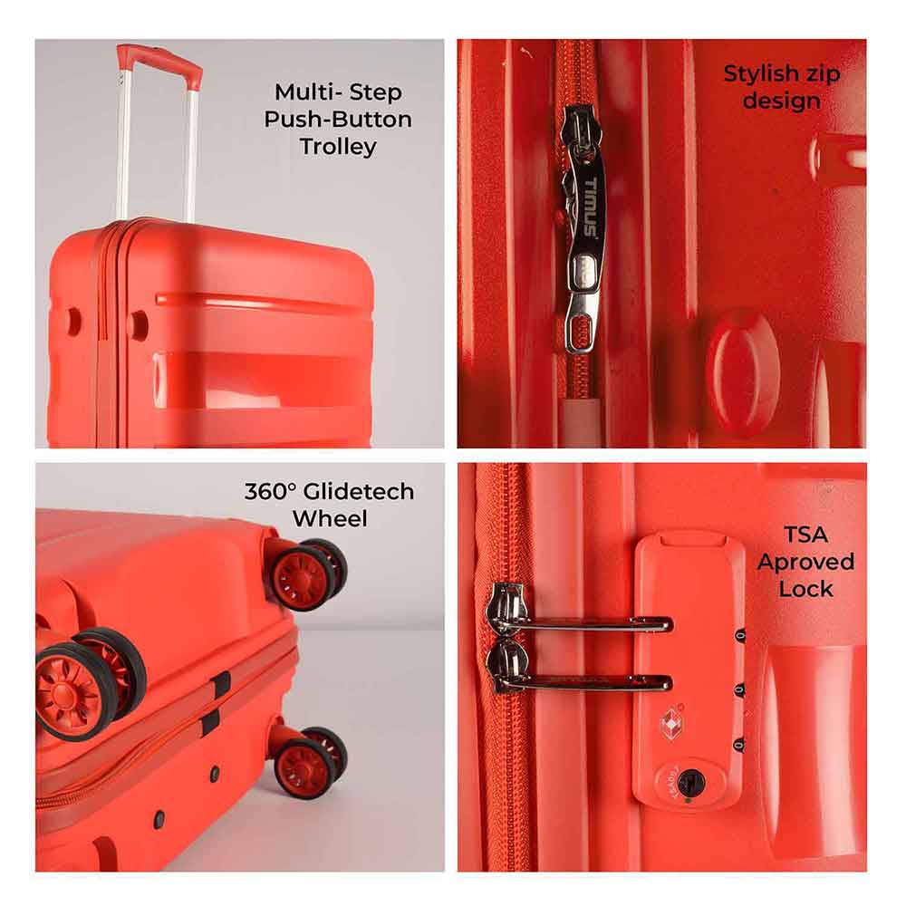 Red Sunlite hard luggage collage highlighting four key features — a multi-step push button trolley handle, stylish zipper detailing, 360-degree GlideTech wheels for smooth mobility, and a TSA-approved lock for secure international travel