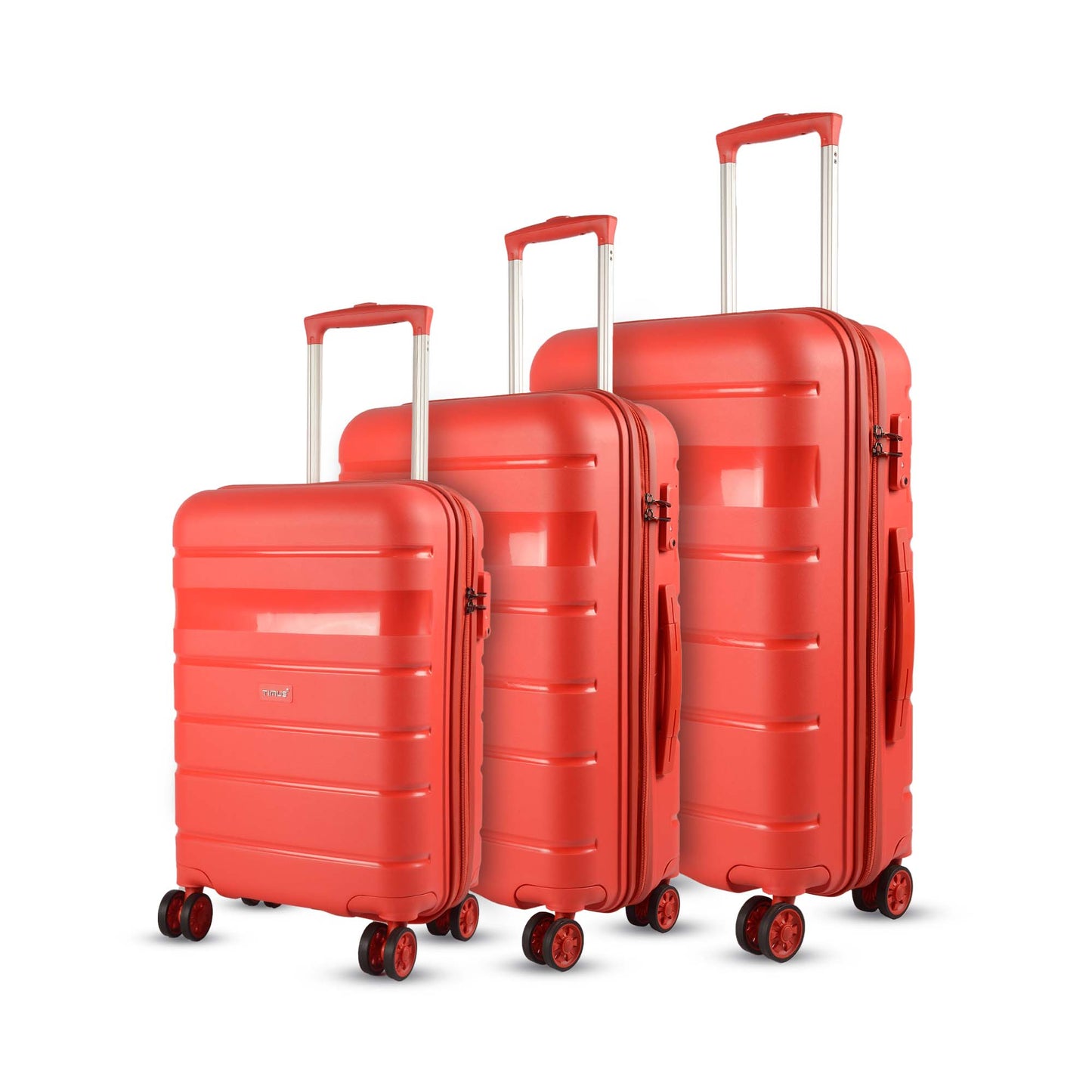 Set of three Timus Sunlite red hard trolley bags in different sizes, featuring stylish design, spinner wheels, and sturdy push-button trolley handles.