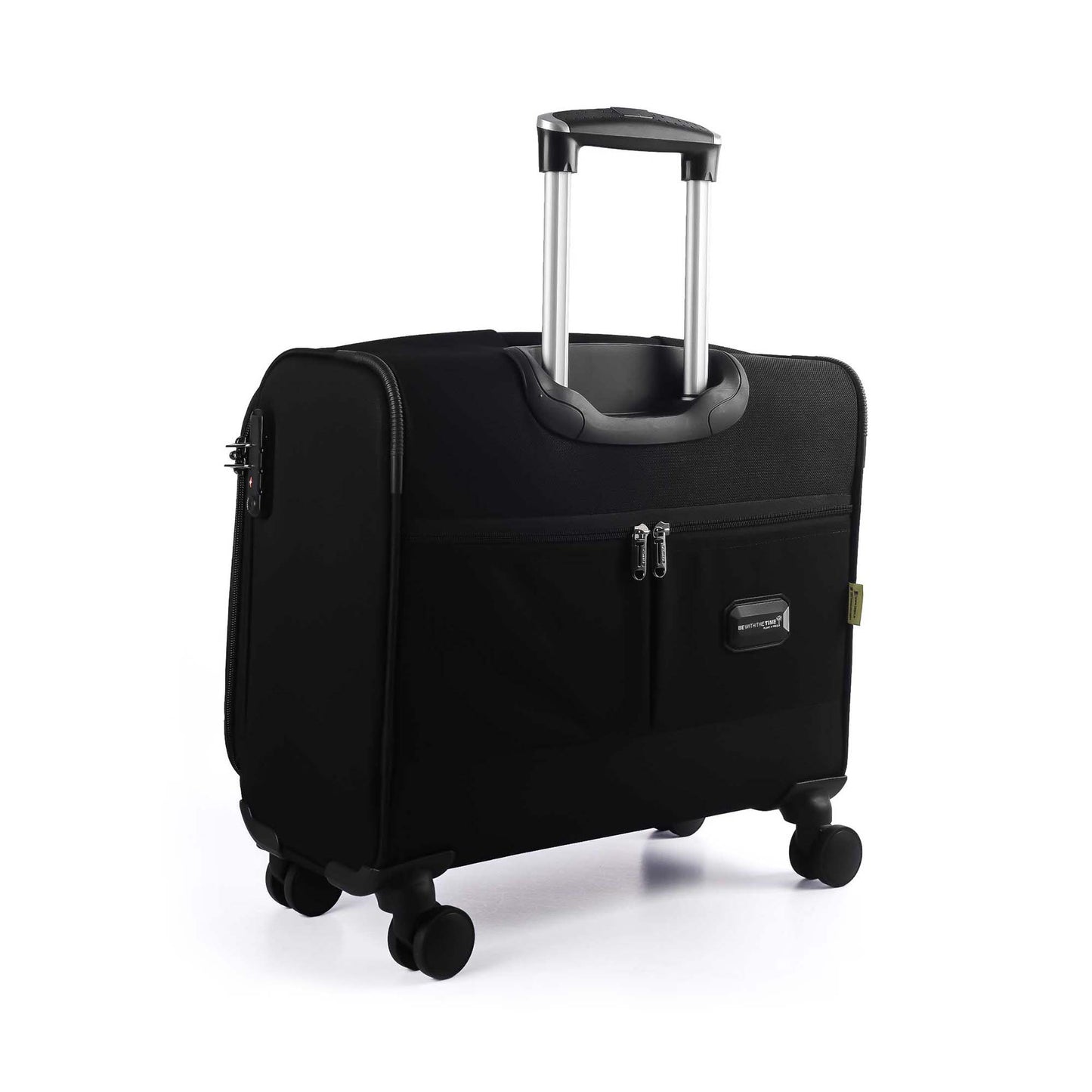 Back left angled view of Timus Atlanta Pro Overnighter black business travel bag with extended telescopic handle, rear zipper pocket, name tag, side TSA approved lock, and 8- 360-degree spinner wheels on white background