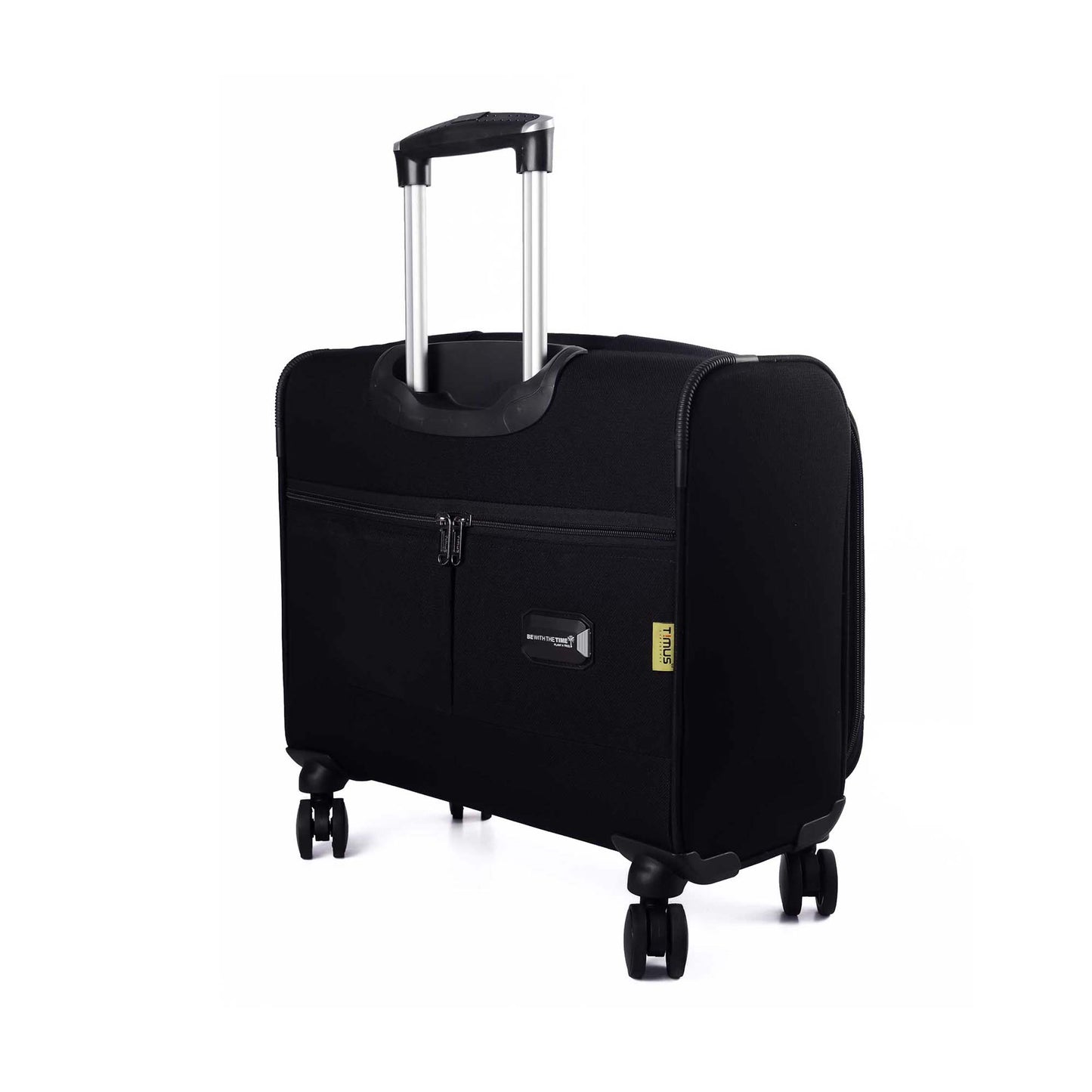 Back right angled view of Timus Atlanta Pro Overnighter black business travel bag with extended telescopic handle, rear zippered compartment, visible Timus tag, name tag and eight 360-degree spinner wheels on white background