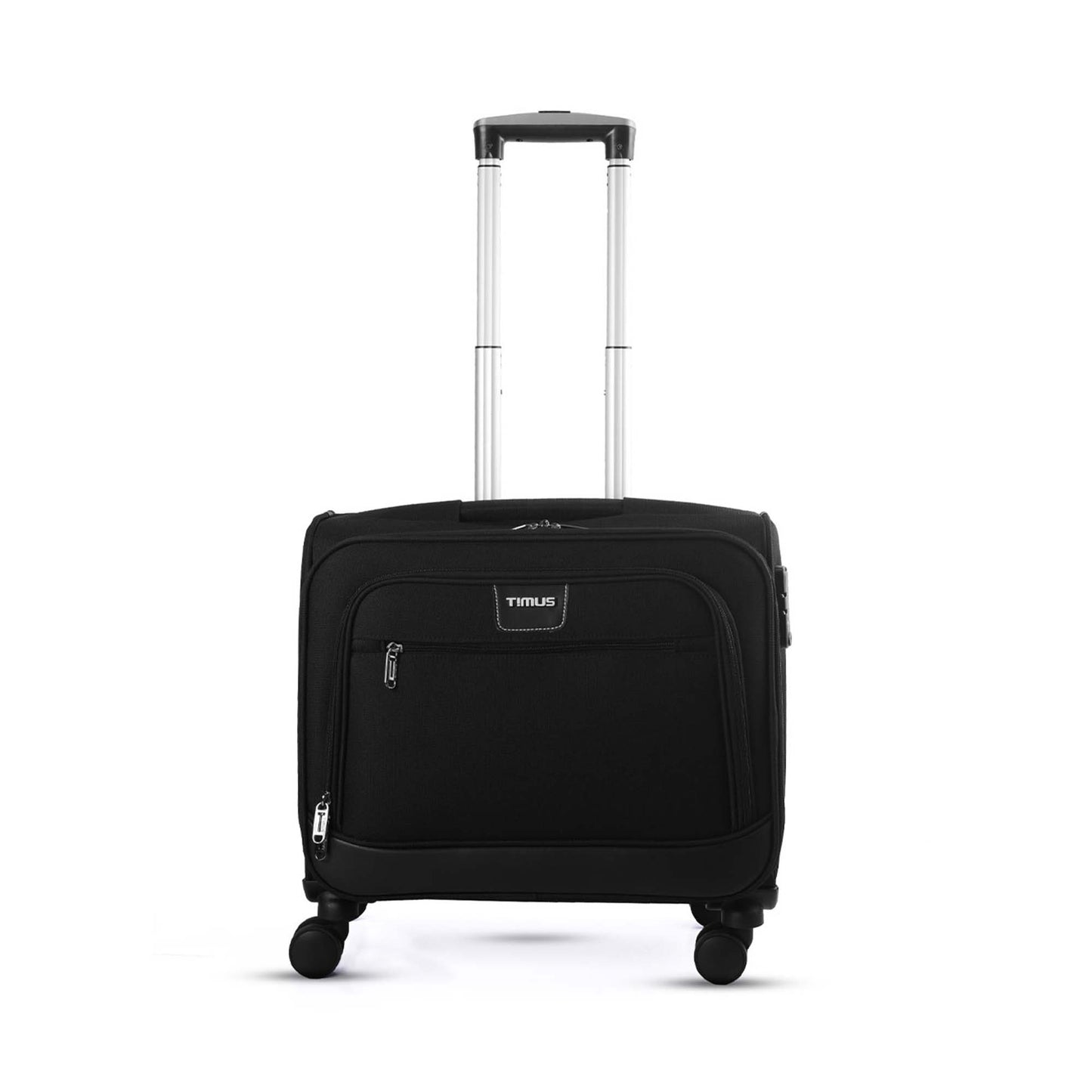 Front view of Timus Atlanta Pro Overnighter black business travel bag with extended telescopic handle, dual front zippered compartments, visible Timus logo, and double spinner wheels on white background