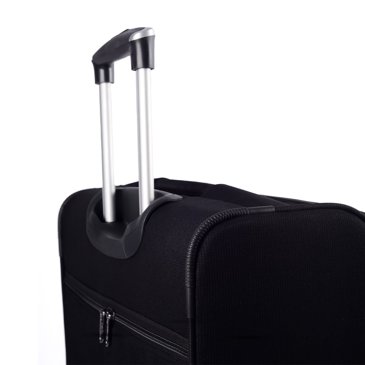 Close-up view of telescopic handle on Timus Atlanta Pro Overnighter black business travel bag, highlighting ergonomic grip and smooth metal extension rods on white background