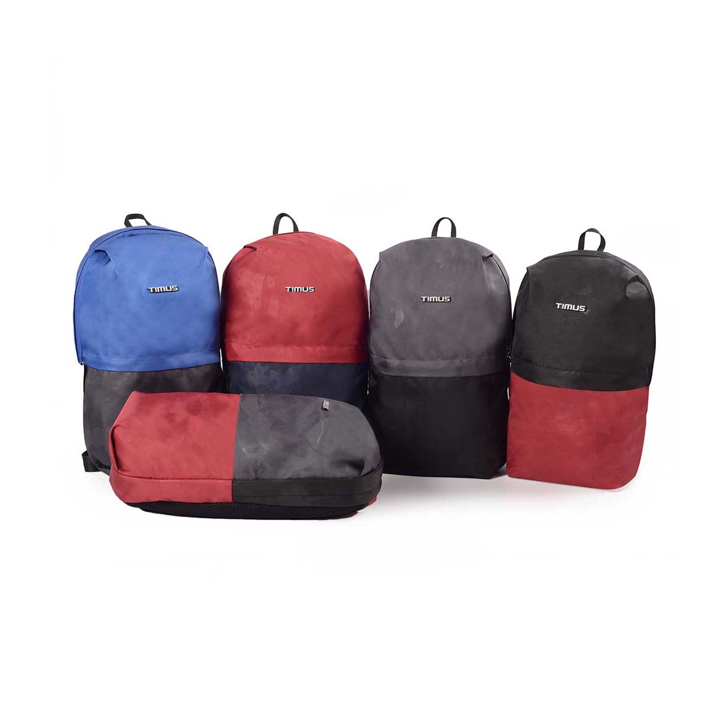 Group image of Timus Atomic Mini Backpacks in all color variants including blue-black, red-blue, grey-black, black-red, and grey-red, with one bag shown in flat lay view.