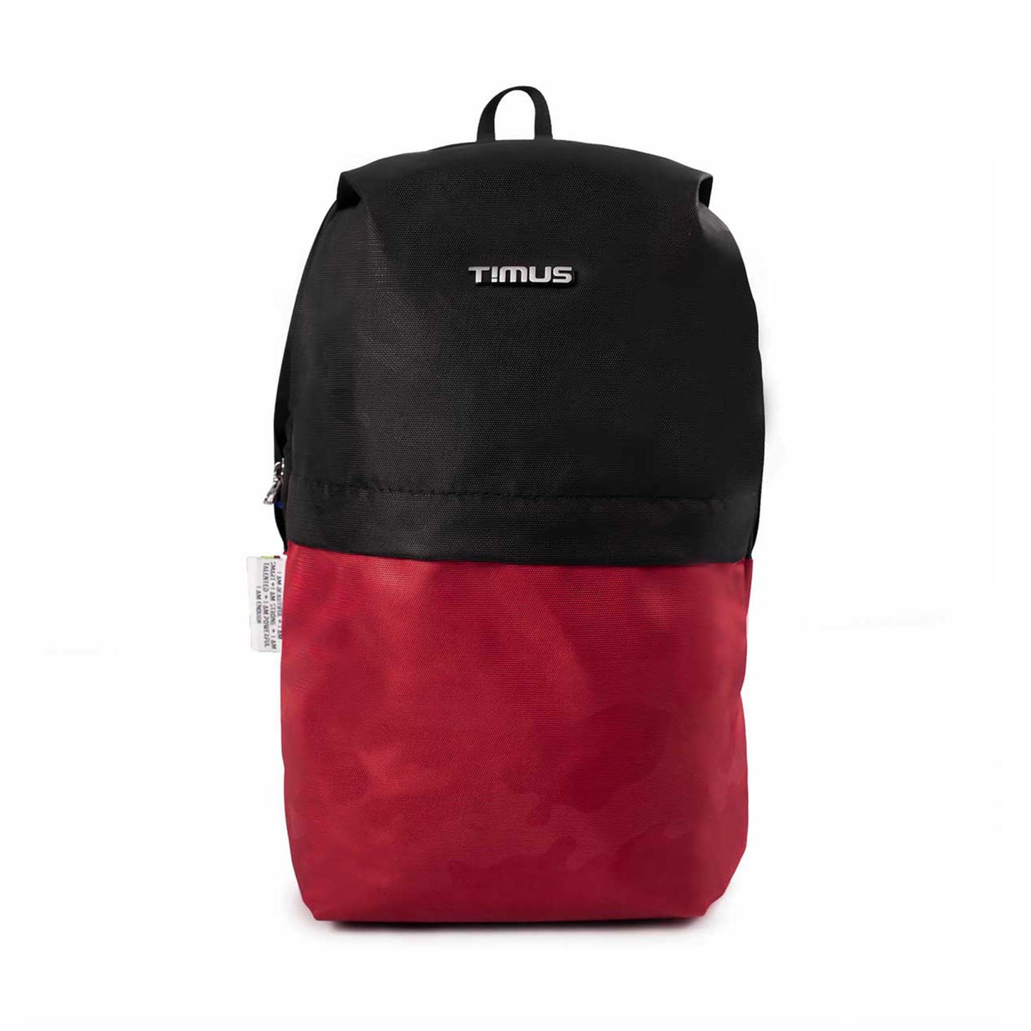 Front view of Timus Atomic Mini Backpack in black and red colour with Timus brand logo.