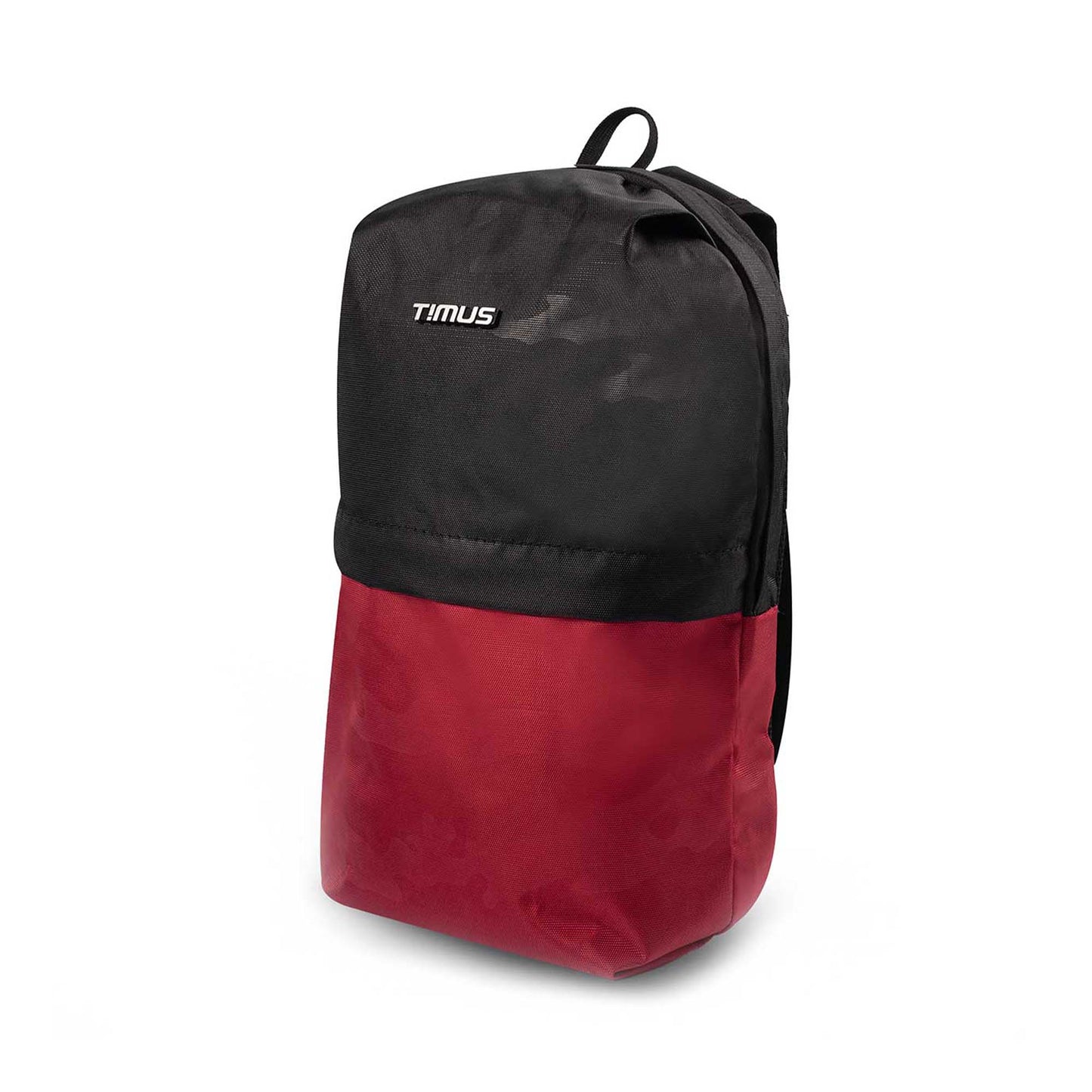 Left side front angled view of Timus Atomic Mini Backpack in black and red colour.