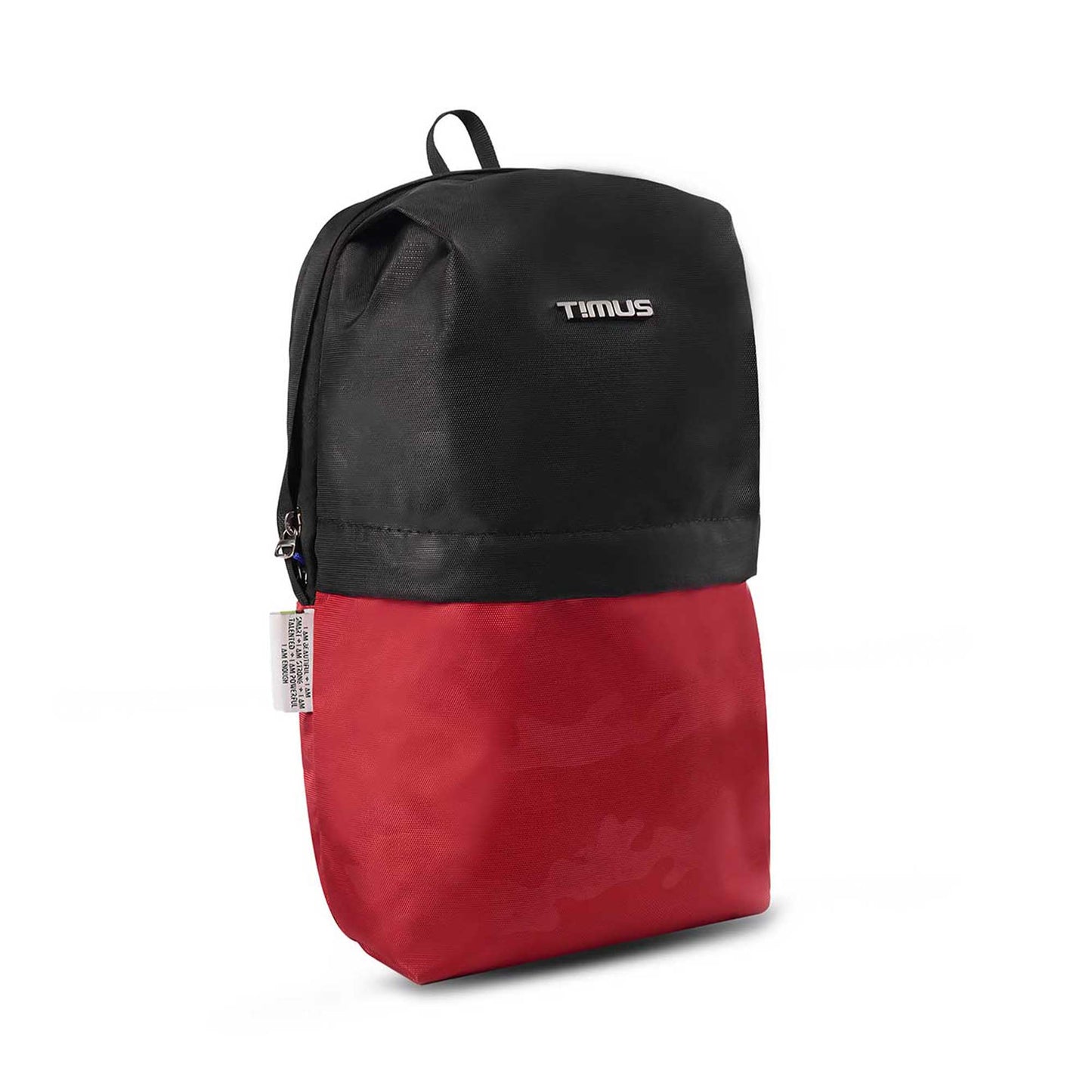 Right side front angled view of Timus Atomic Mini Backpack in black and red colour.
