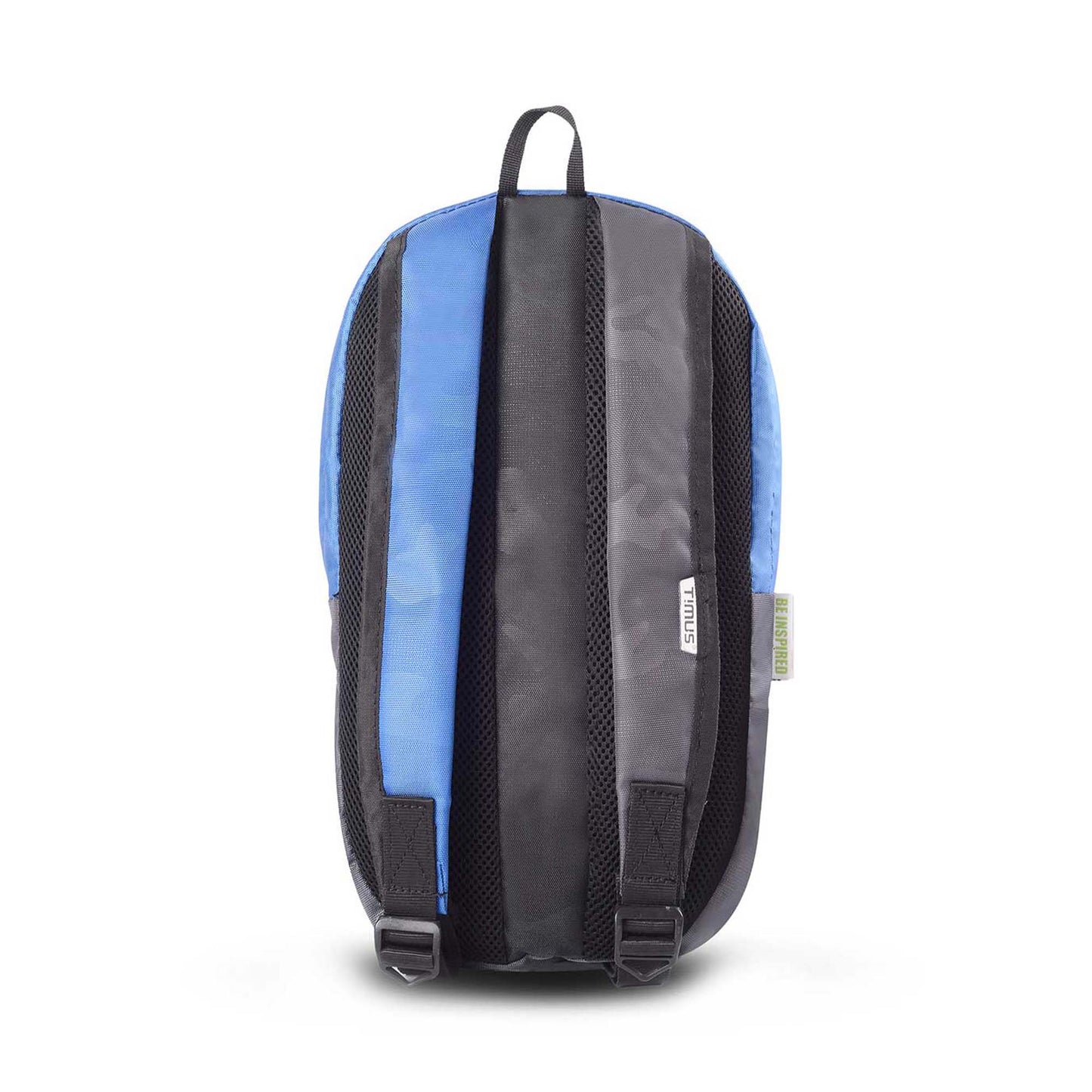 Back view of Timus Atomic Mini Backpack in blue and black with padded shoulder straps.