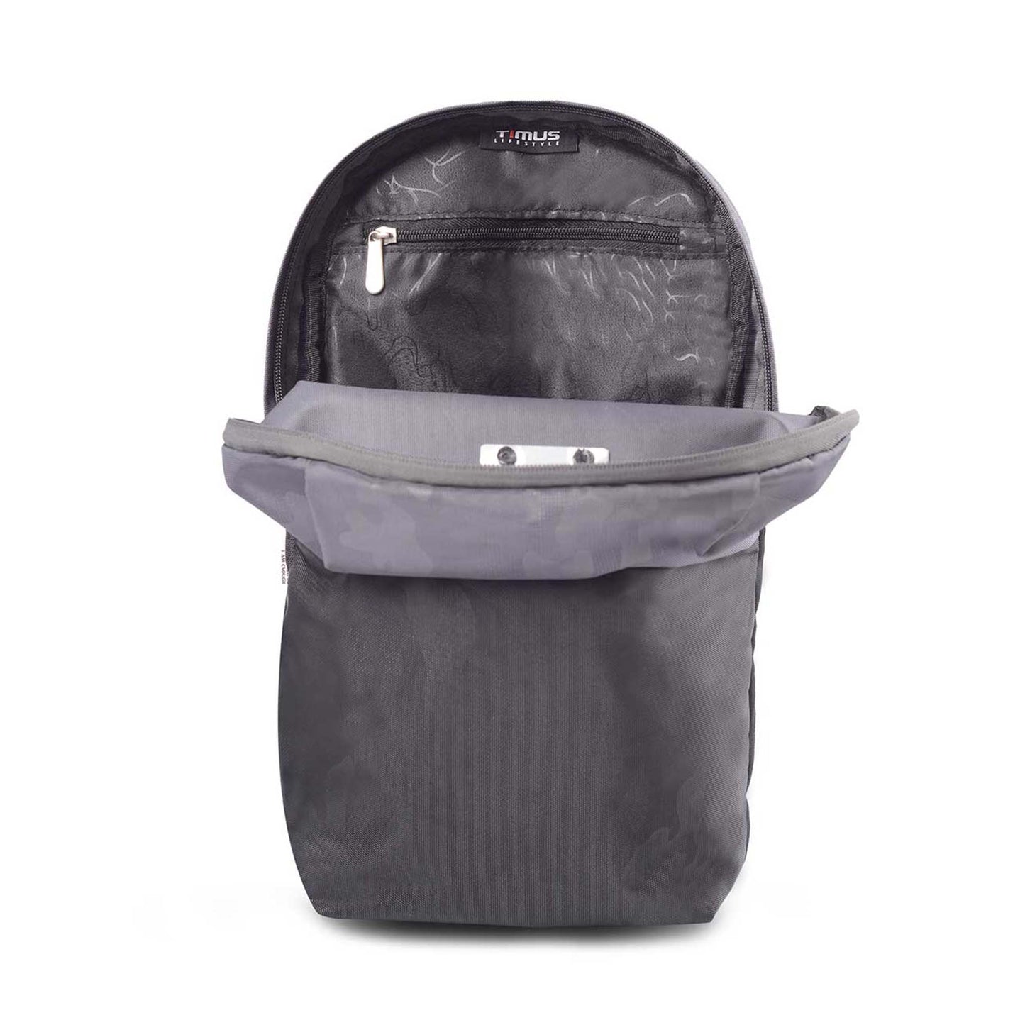 Open view of Timus Atomic Mini Backpack in grey and black showing inner zip pocket and spacious main compartment