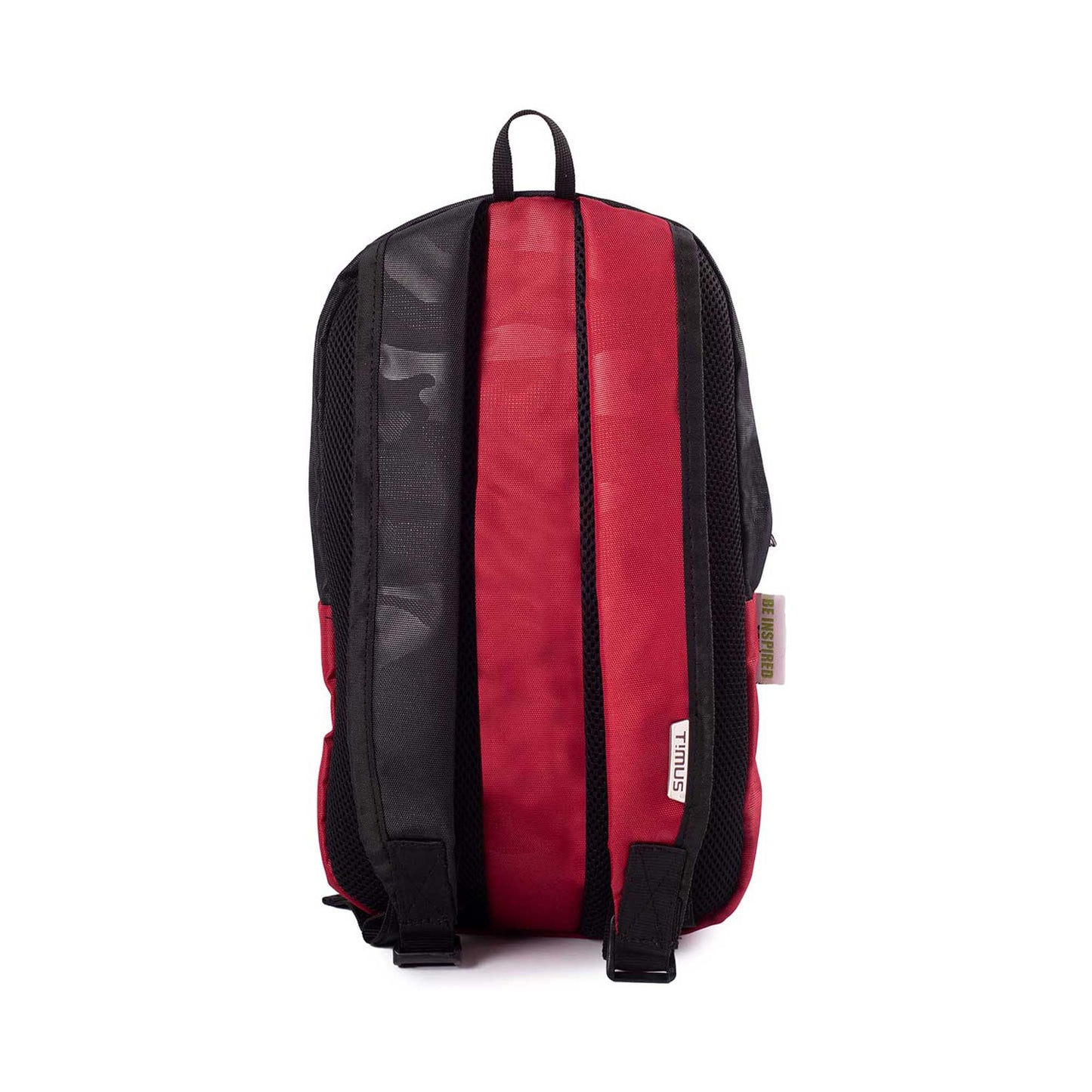Back view of Timus Atomic Mini Backpack in grey and red with padded shoulder straps with timus tag.