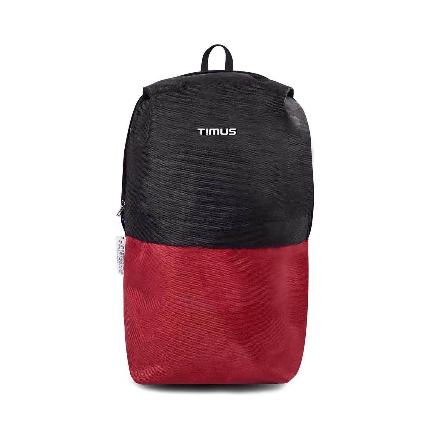 Front view of Timus Atomic Mini Backpack in grey and red colour with Timus brand logo.