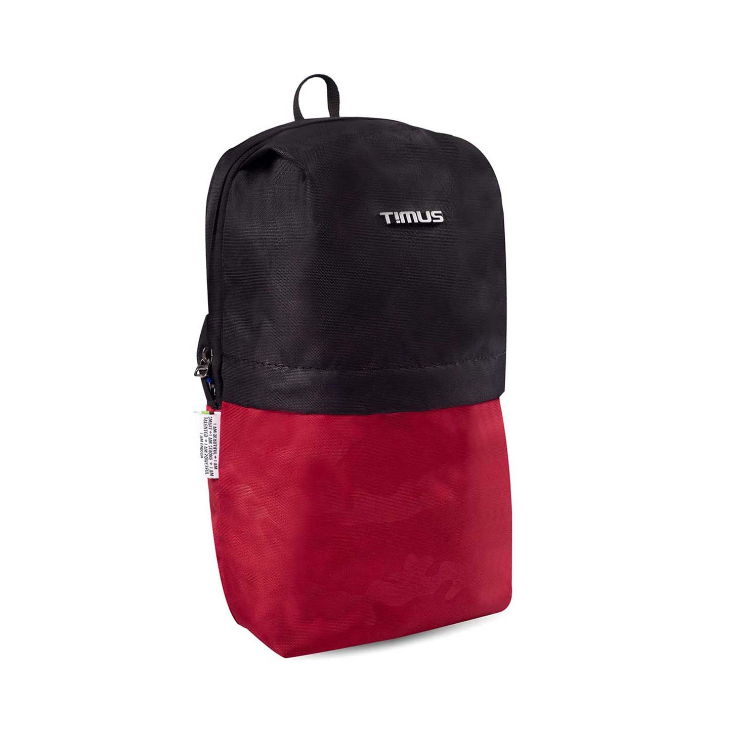 Right side front angled view of Timus Atomic Mini Backpack in grey and red colour.