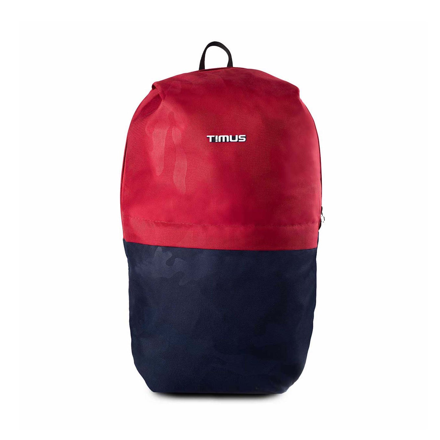 Front view of Timus Atomic Mini Backpack in red and blue colour with Timus brand logo.