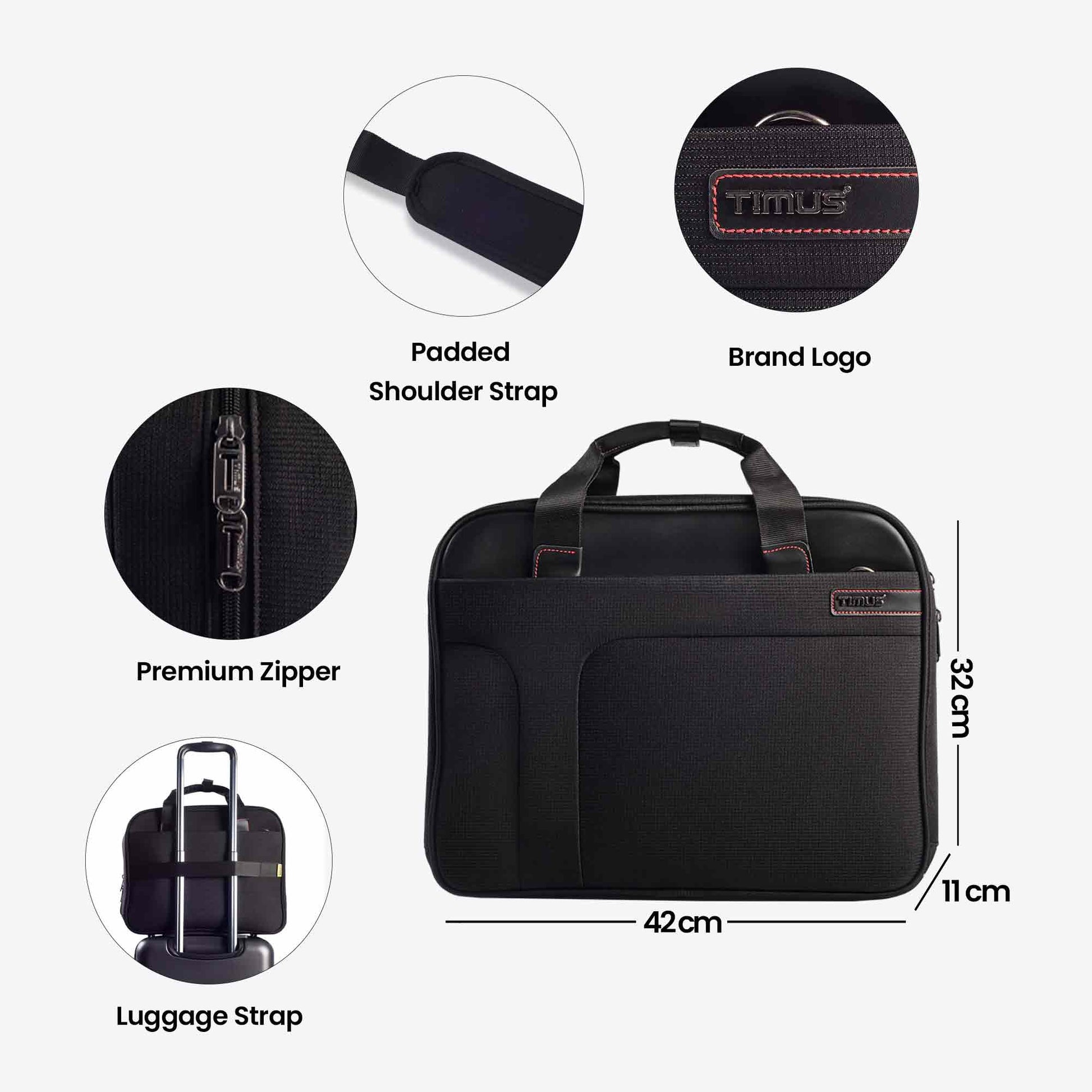 Feature highlight graphics of the black Timus Connect laptop carry-on bag showing padded shoulder strap, stitched Timus brand logo, premium zipper, luggage strap for trolley attachment, and overall dimensions of 42 cm width, 32 cm height, and 11 cm depth