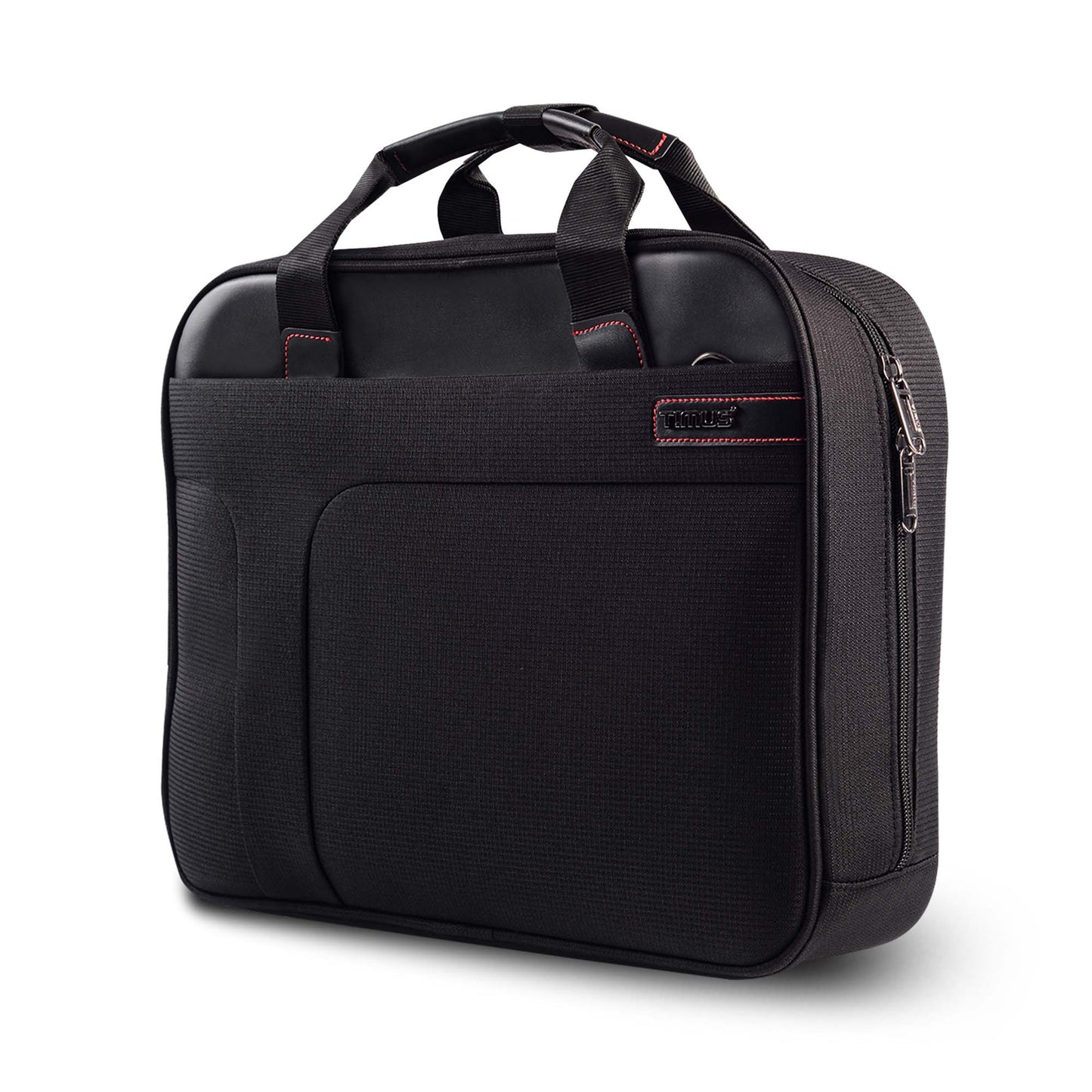 Black Timus Connect laptop carry-on bag with Timus logo, dual handles, front left angled view showing textured fabric, front pocket, and main compartment's zipper detail.