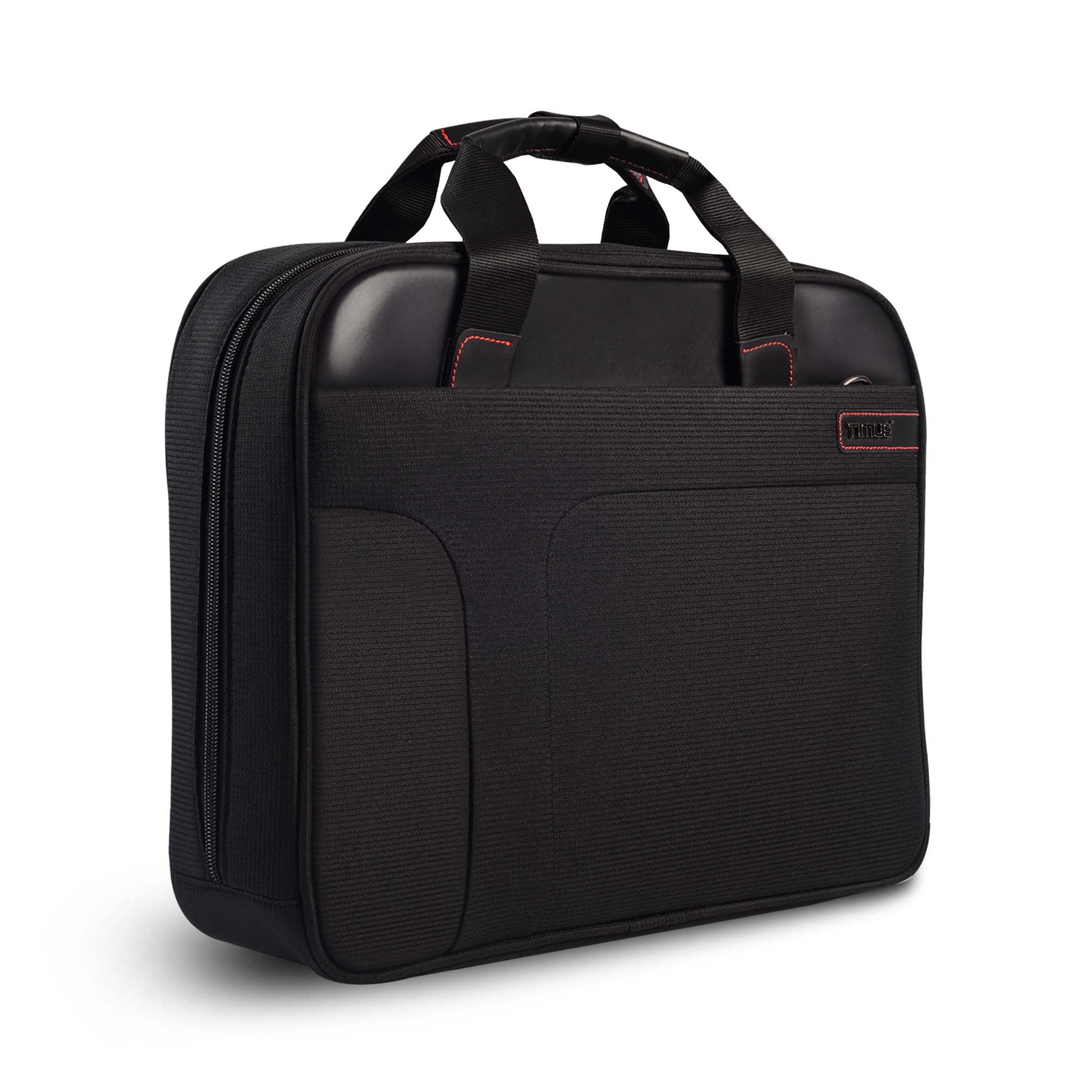 Right front angled view of black Timus Connect laptop carry-on bag featuring a sleek rectangular design, textured fabric, curved front pocket panel, dual padded handles with red stitch accents, and a visible Timus logo.