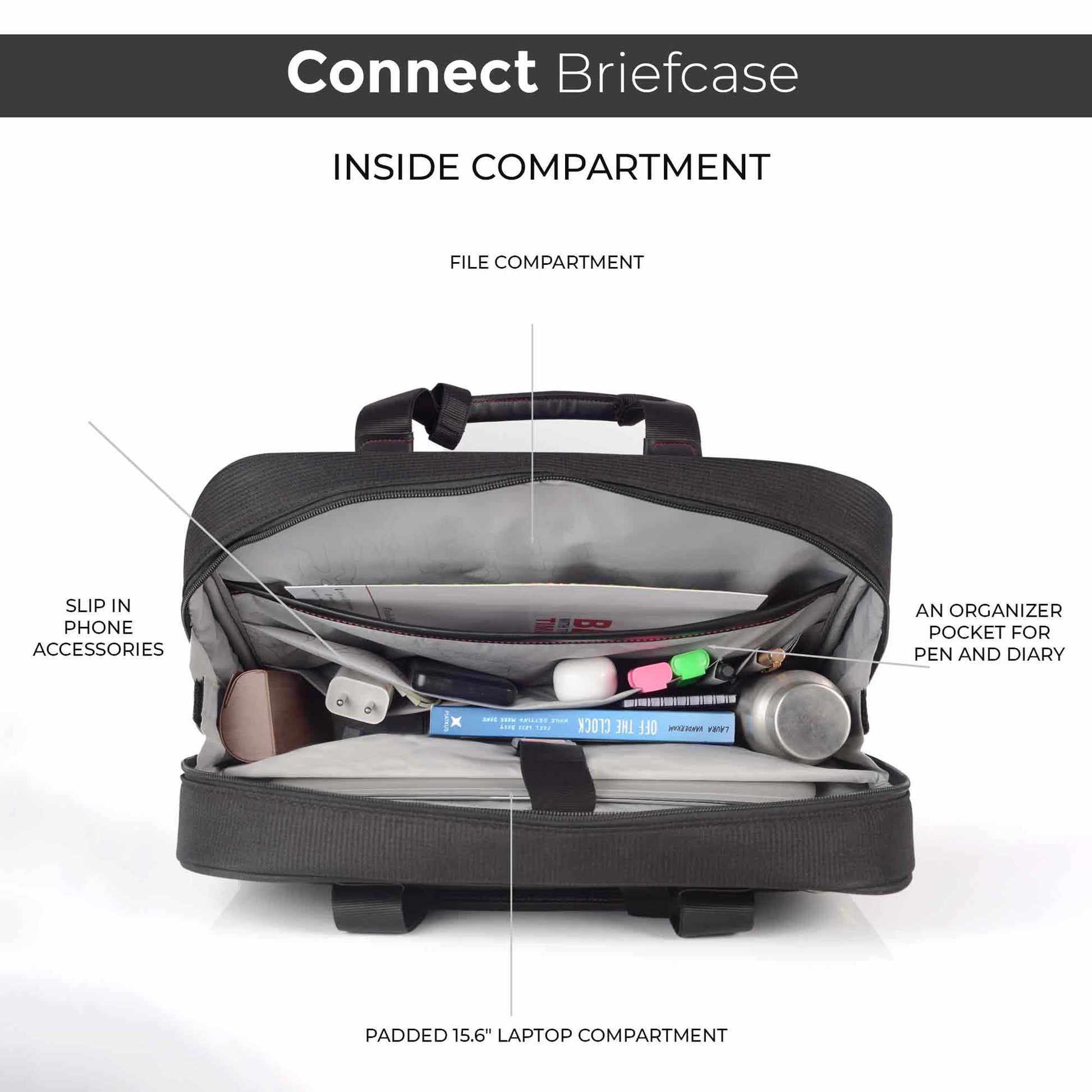 Inside view of the Timus Connect laptop carry-on bag showing organized compartments including a padded 15.6-inch laptop sleeve, file compartment, slip-in section for phone accessories, and organizer pocket for pens and diary