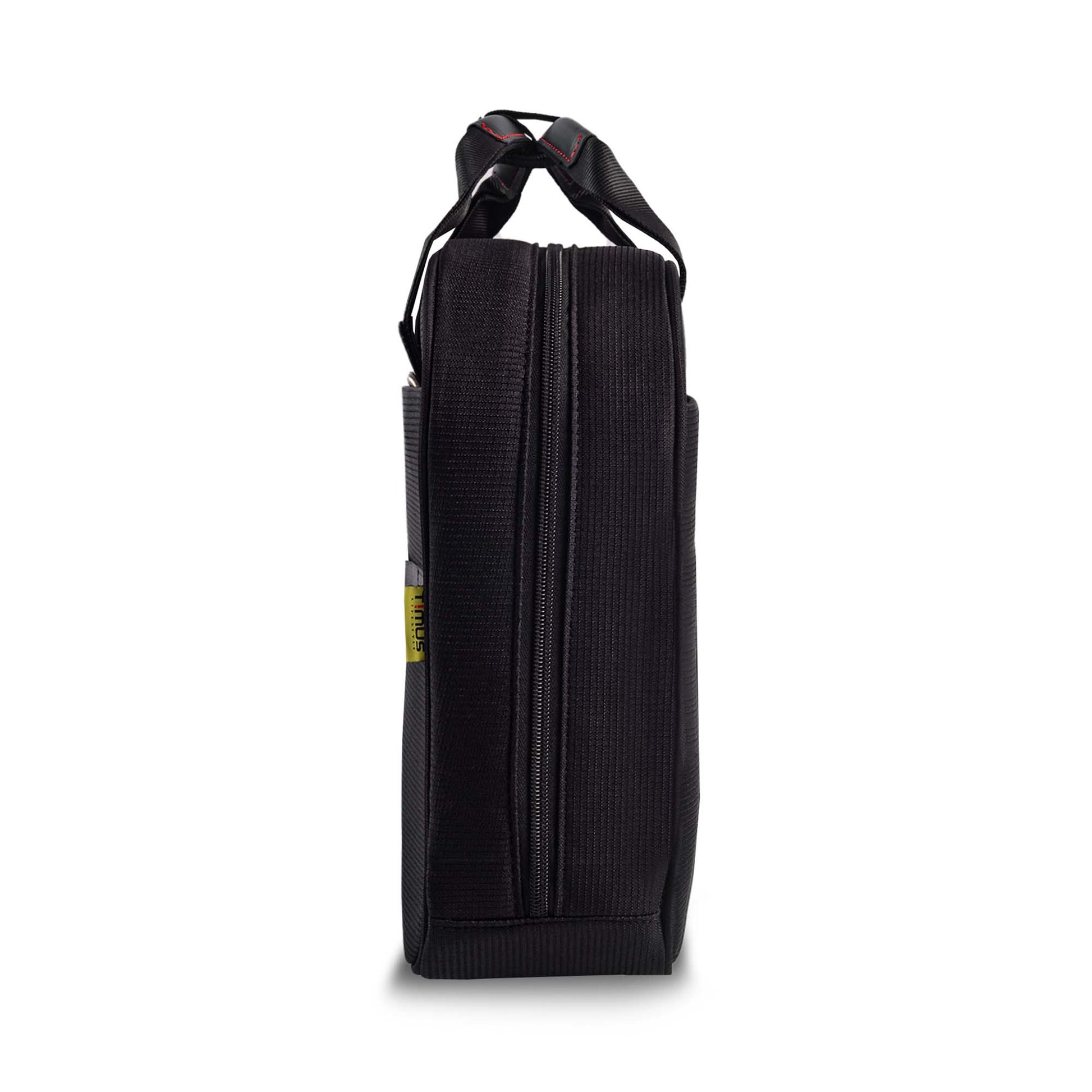 Left side view of black Timus Connect laptop carry-on bag showing slim profile, textured fabric surface, closed zippered compartment, and yellow Timus logo tag near the handle.