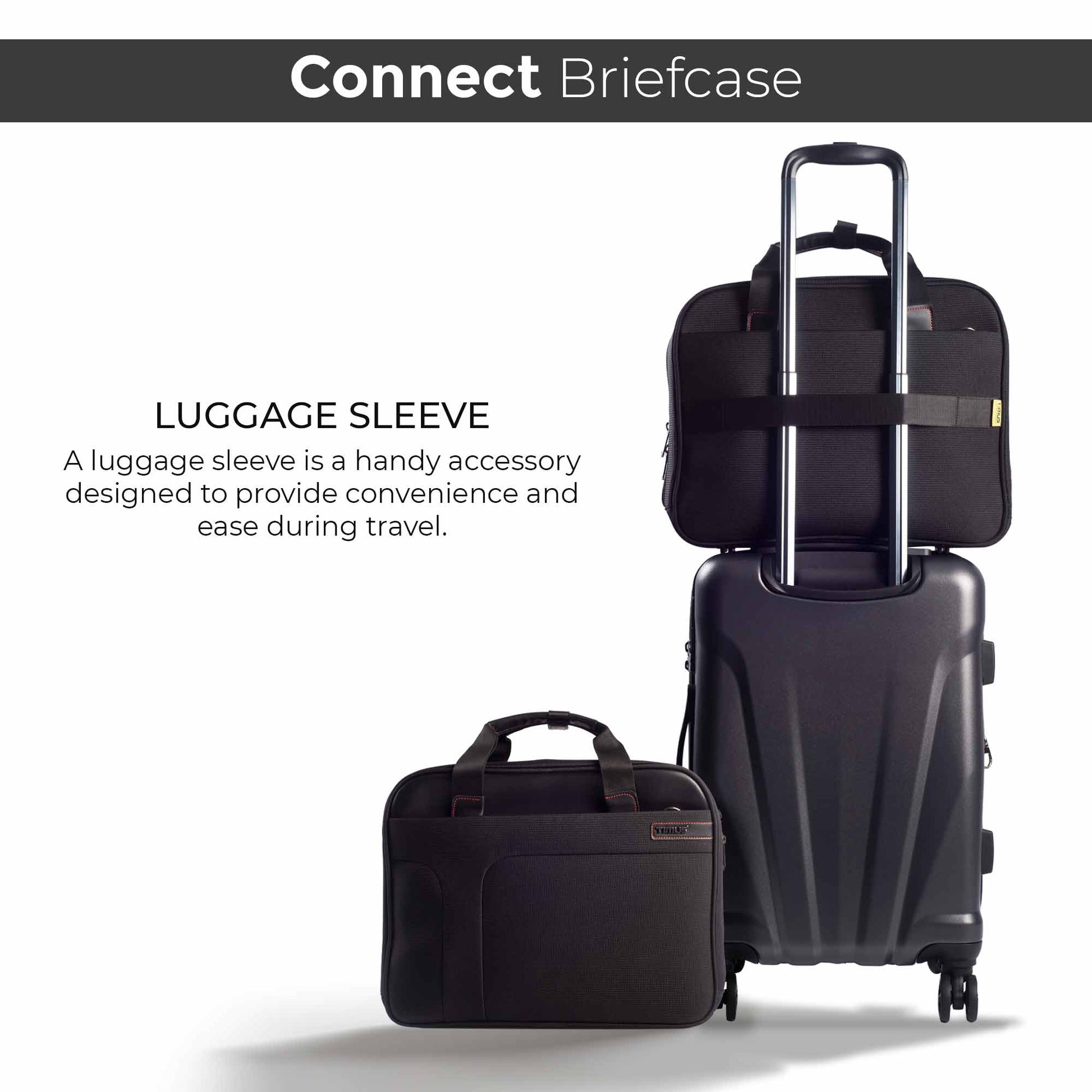 Timus Connect black laptop carry-on bag shown mounted on a rolling suitcase using its rear luggage sleeve, with an additional front view of the bag placed on the ground, demonstrating travel convenience and compatibility with trolley handles