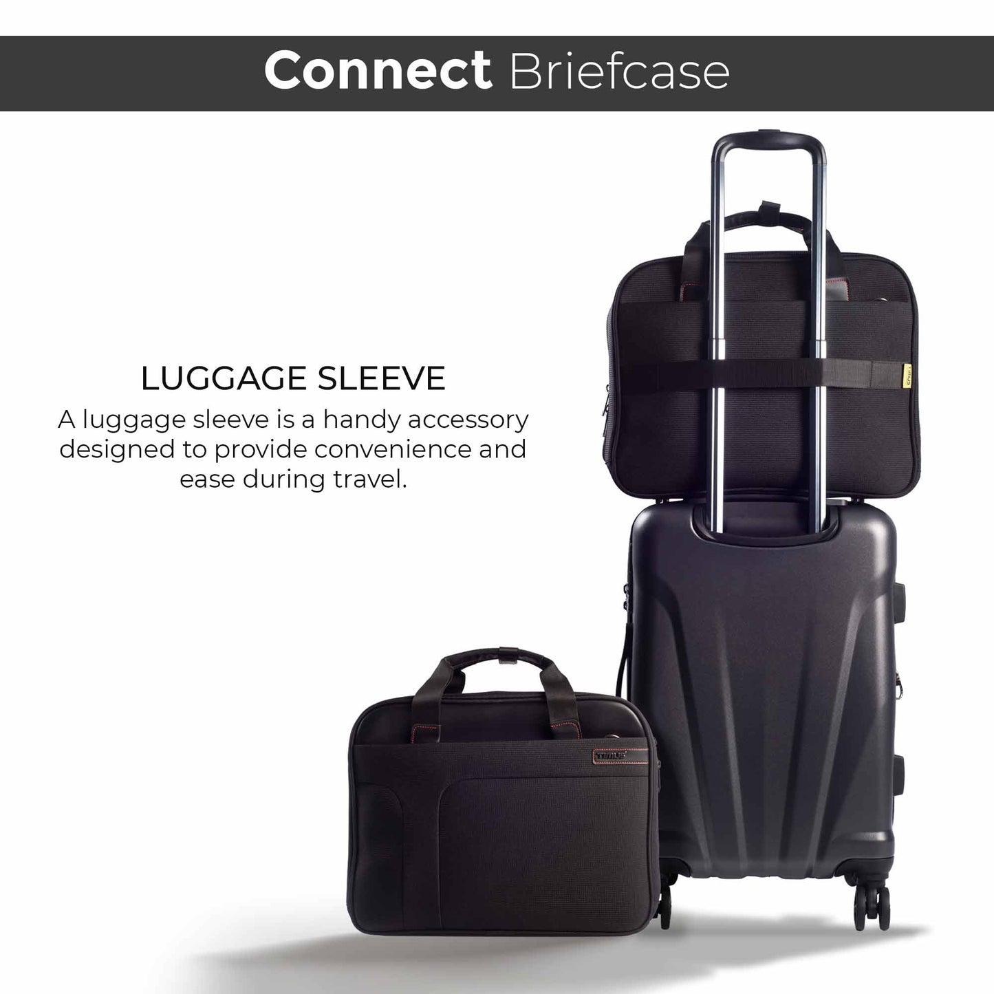 Timus Connect black laptop carry-on bag shown mounted on a rolling suitcase using its rear luggage sleeve, with an additional front view of the bag placed on the ground, demonstrating travel convenience and compatibility with trolley handles