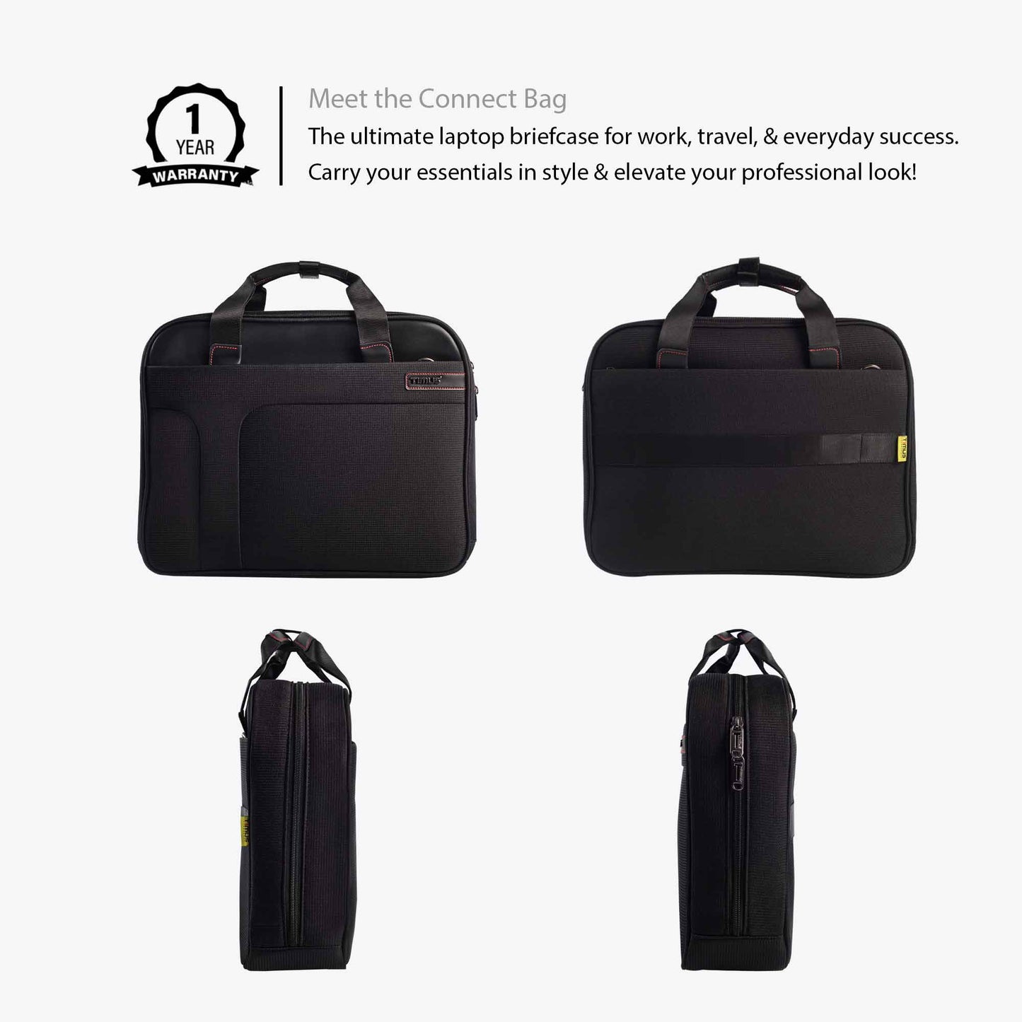 Composite image showing front, back, left, and right side views of the black Timus Connect laptop carry-on bag, dual handles, front and back pockets, trolley strap, and yellow Timus logo tag. Includes a 1-year warranty badge and promotional tagline for work, travel, and everyday use.